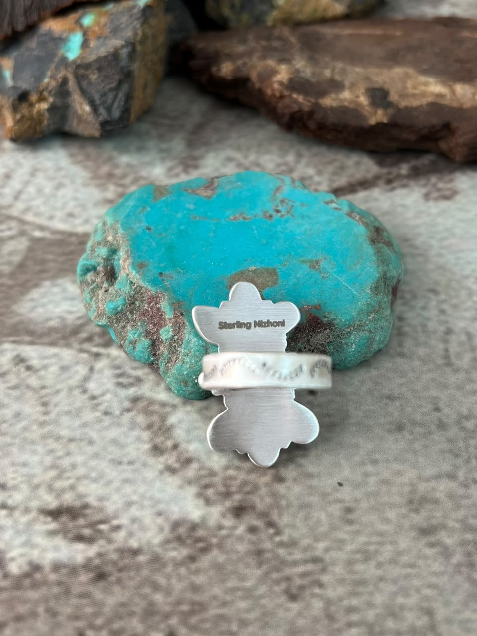 Handmade Sterling Silver Sonoran Mountain with Golden Hills Turquoise Adjustable Ring Signed Nizhoni