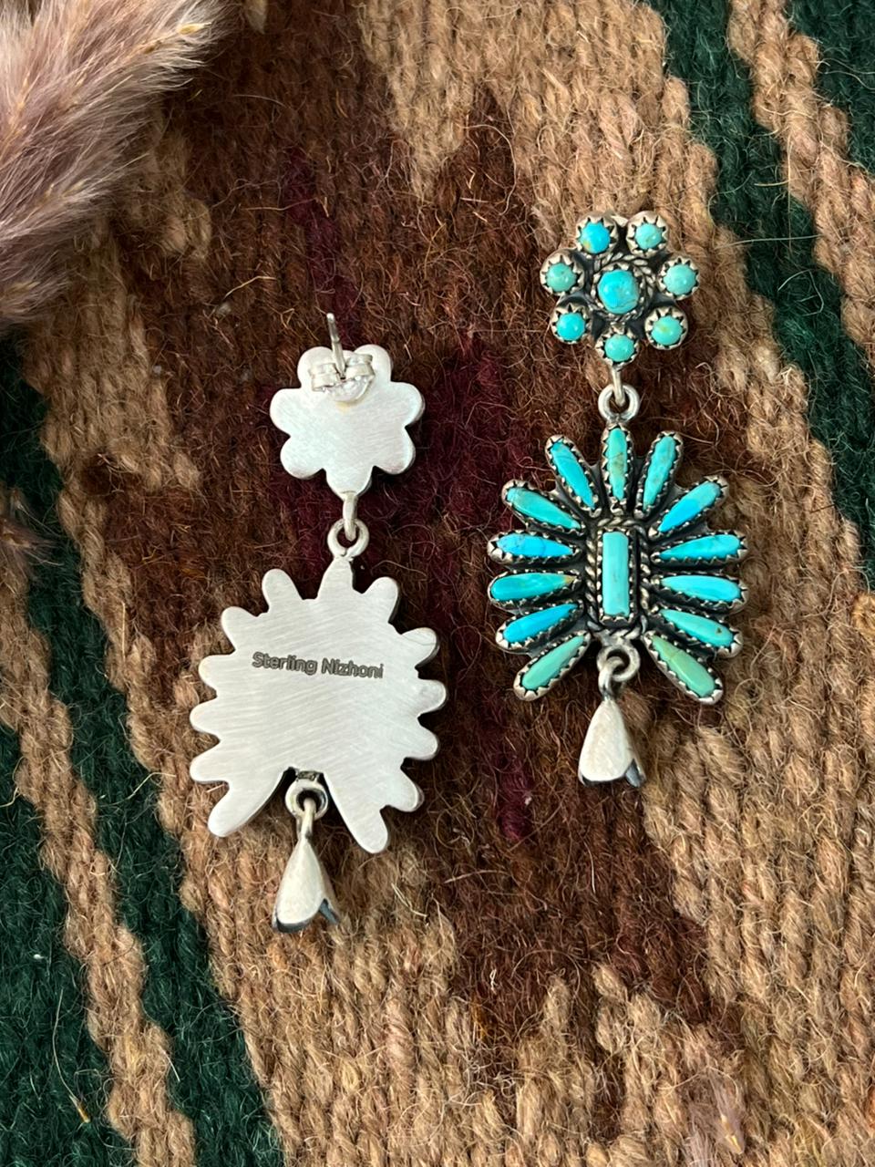 Handmade Sterling Silver Kingman Turquoise Post Dangle Squash Blossom Earrings Signed Nizhoni