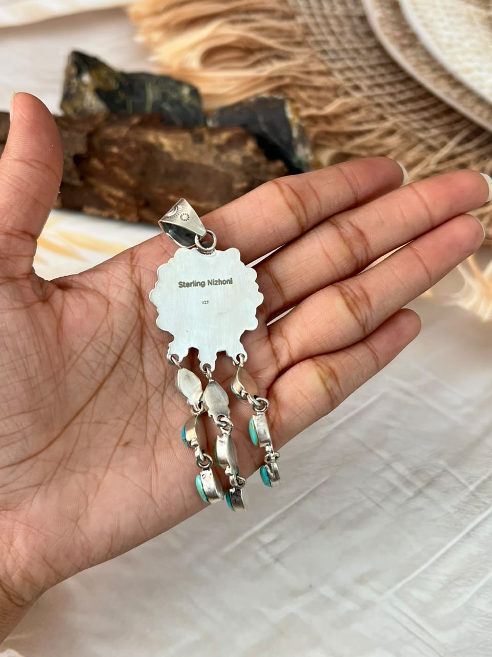 Handmade Sterling Silver Kingman Turquoise Pendant Signed Nizhoni