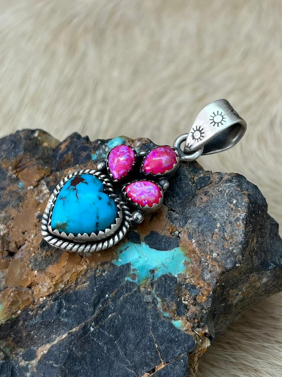 Handmade Sterling Silver Arizona Blue Turquoise with Hot Pink Pendant "Signed Nizhoni"