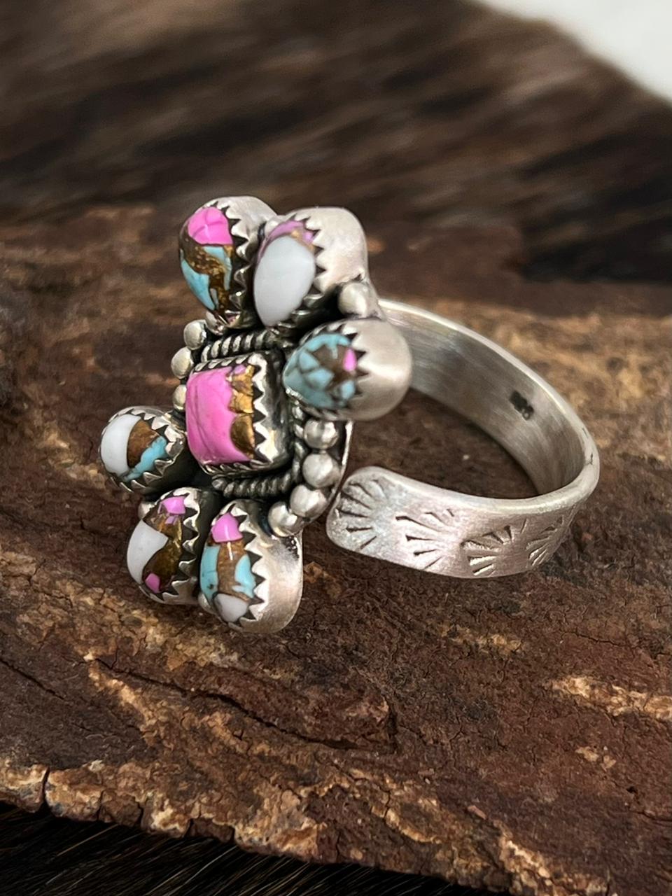 Handmade Sterling Silver Cotton Candy Turquoise Adjustable Ring "Signed Nizhoni"