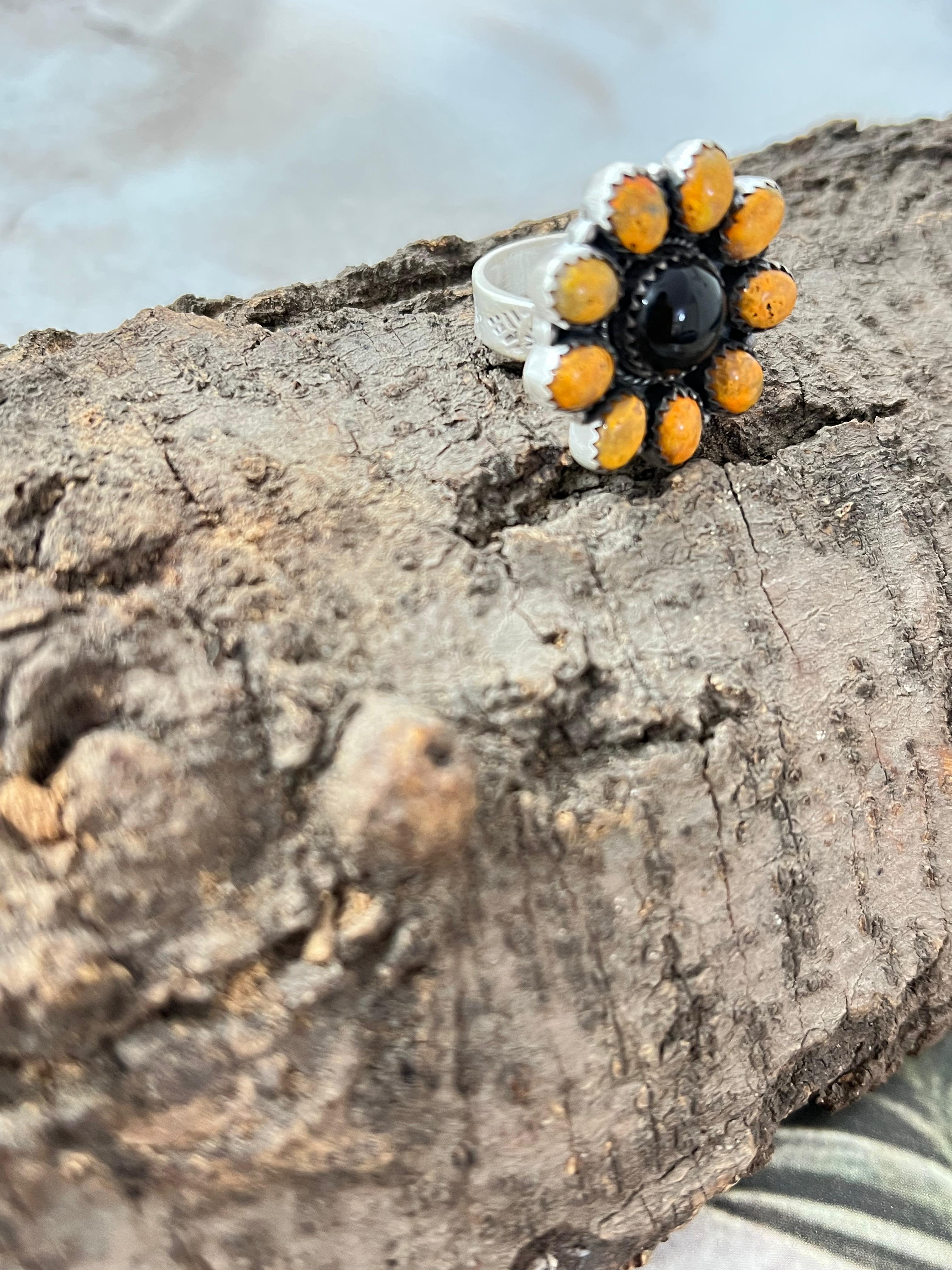 "Halloween Collection" Handmade Sterling Silver Black Onyx, Bumblebee Adjustable Ring with Signed Nizhoni