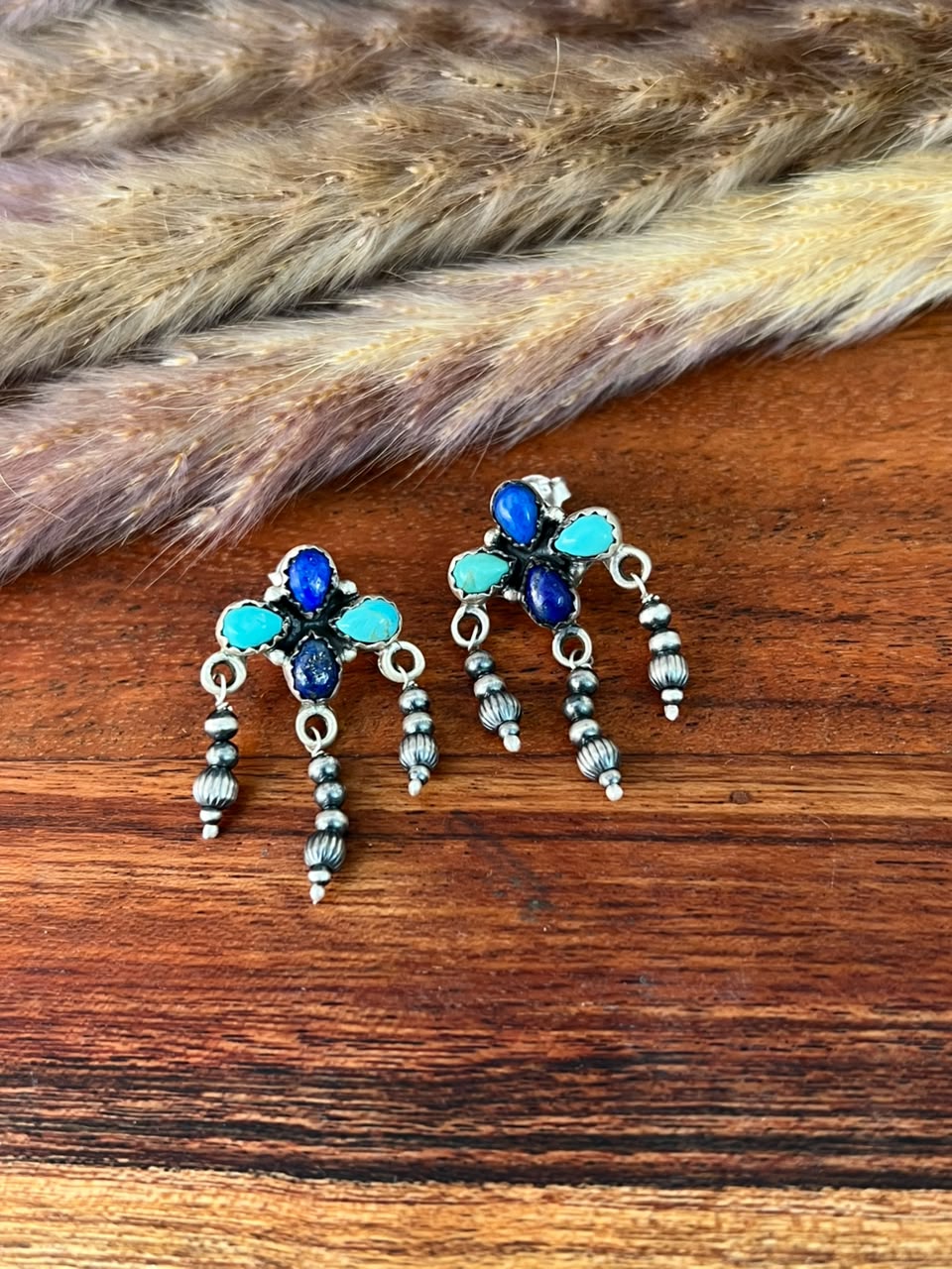 Handmade Sterling Silver Kingman Turquoise and Lapis Post Dangle Beaded Earrings Signed Nizhoni