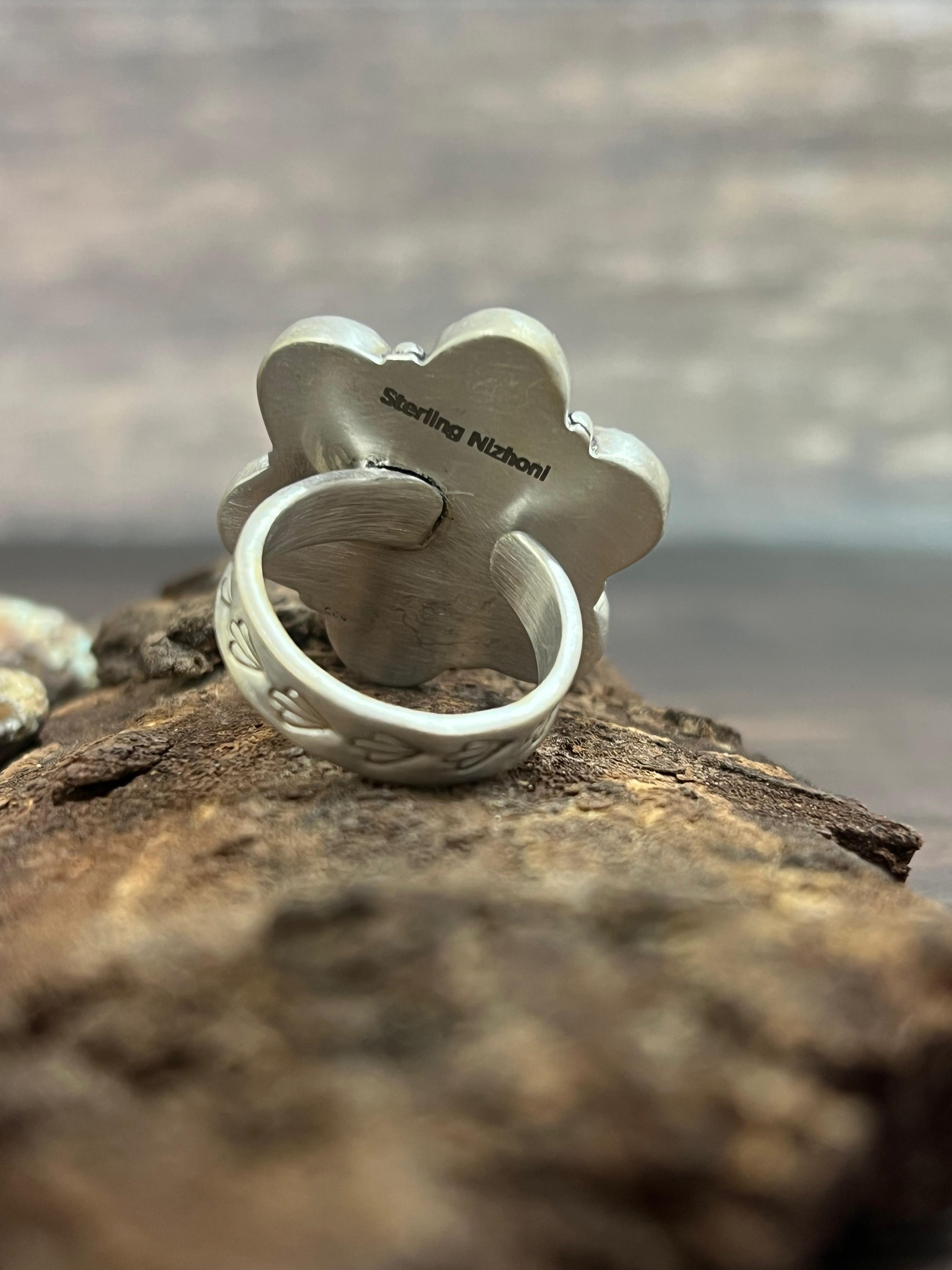 Handmade Sterling Silver Kingman Turquoise Adjustable Ring with Signed Nizhoni