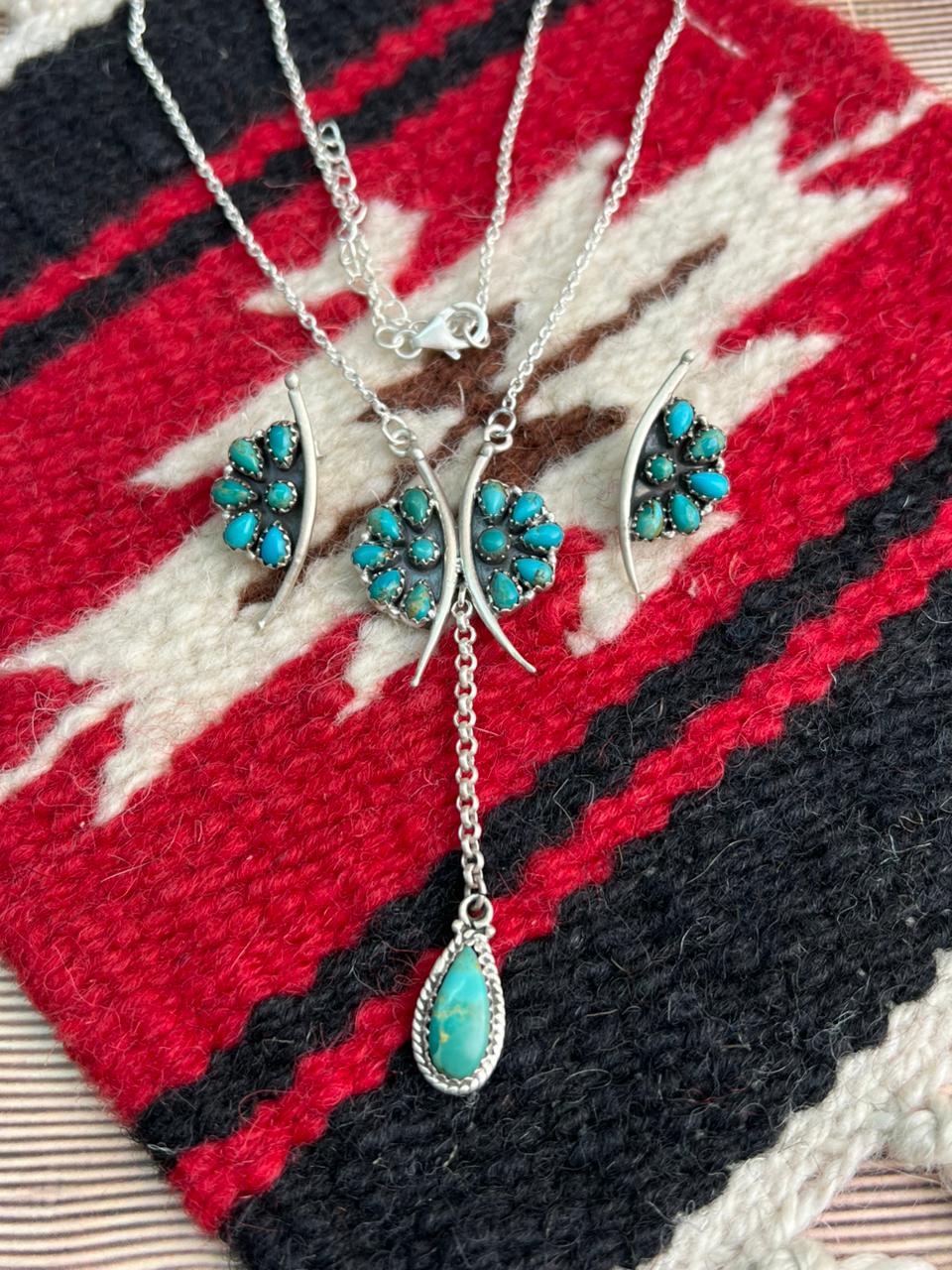 Handmade Sterling Silver Kingman Turquoise Necklace Earrings Set "Signed Nizhoni"