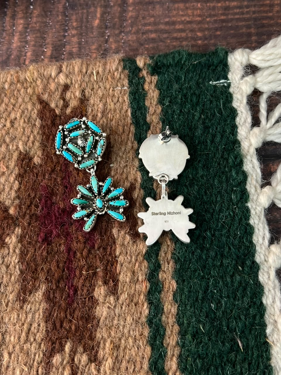 Handmade Sterling Silver Kingman Turquoise Post Dangle Earrings Signed Nizhoni