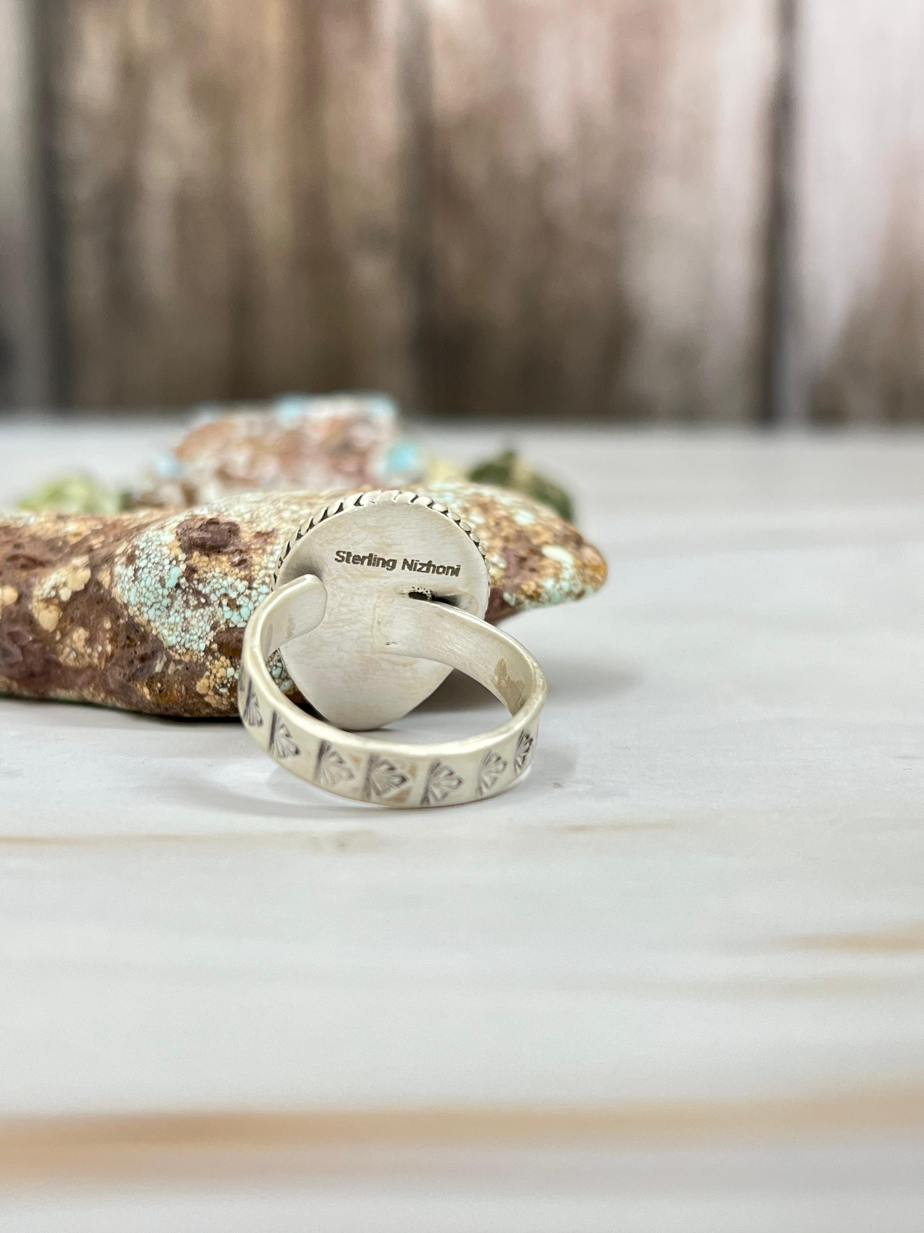 Handmade Sterling Silver White Buffalo Turquoise Adjustable Ring with Signed Nizhoni