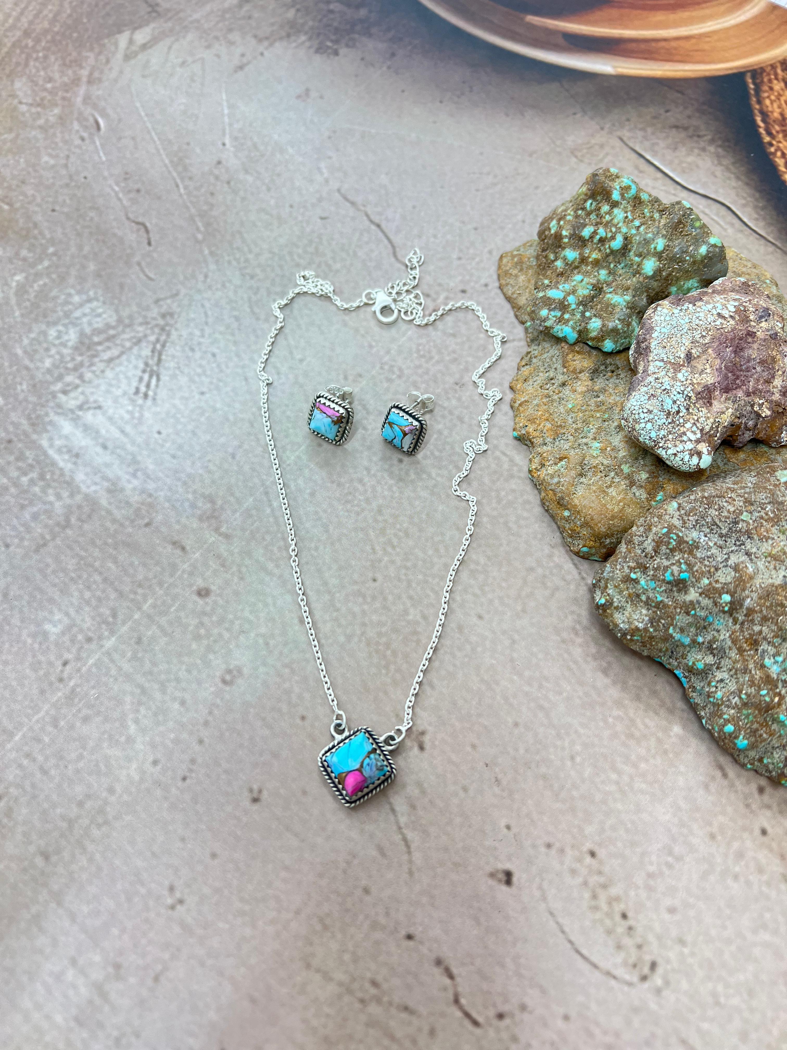 Handmade Sterling Silver Cotton Candy Turquoise Necklace Earrings Set, Signed Nizhoni
