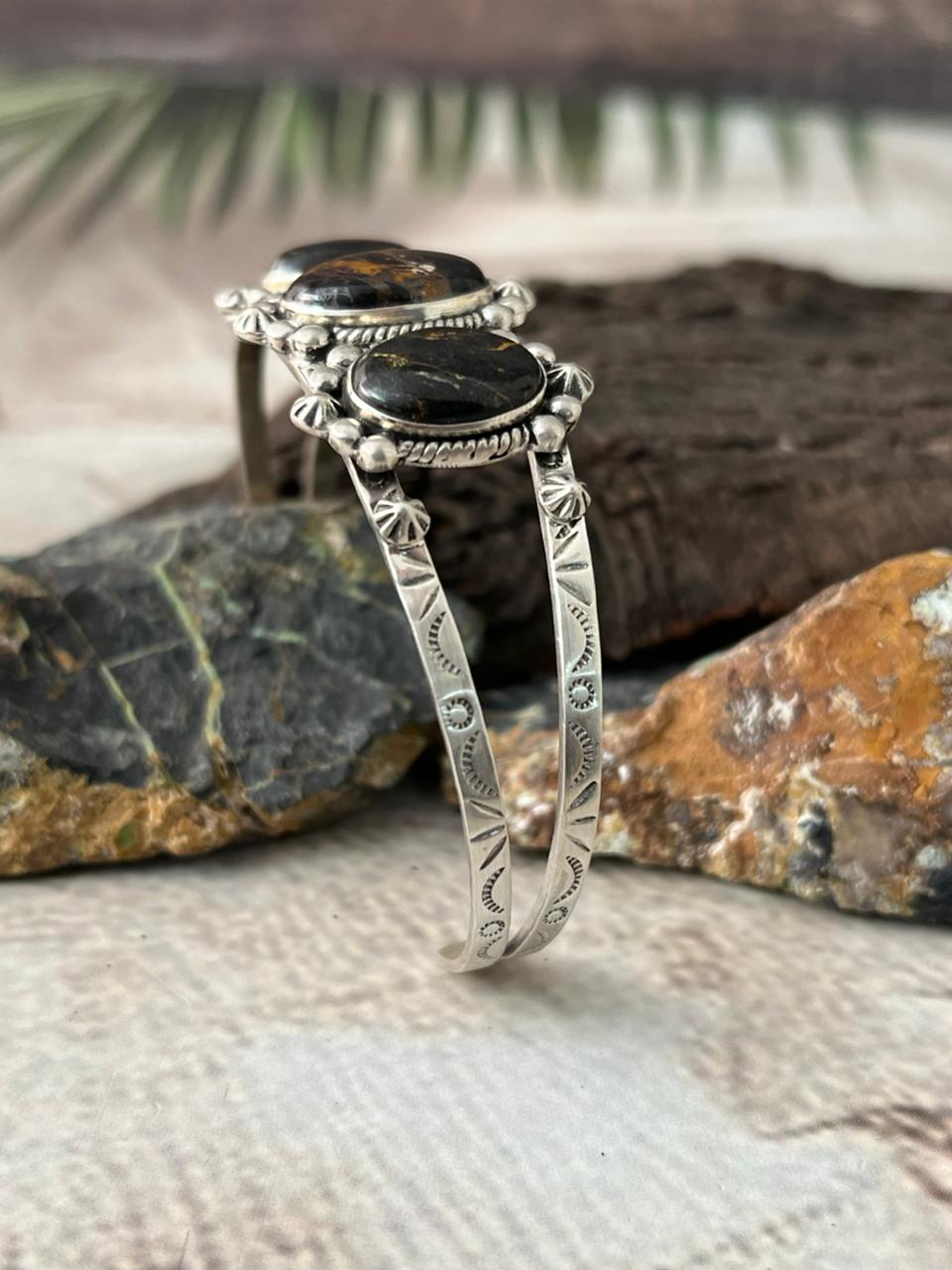 Handmade Sterling Silver Blackjack Turquoise Cuff Bracelet "Signed Nizhoni"