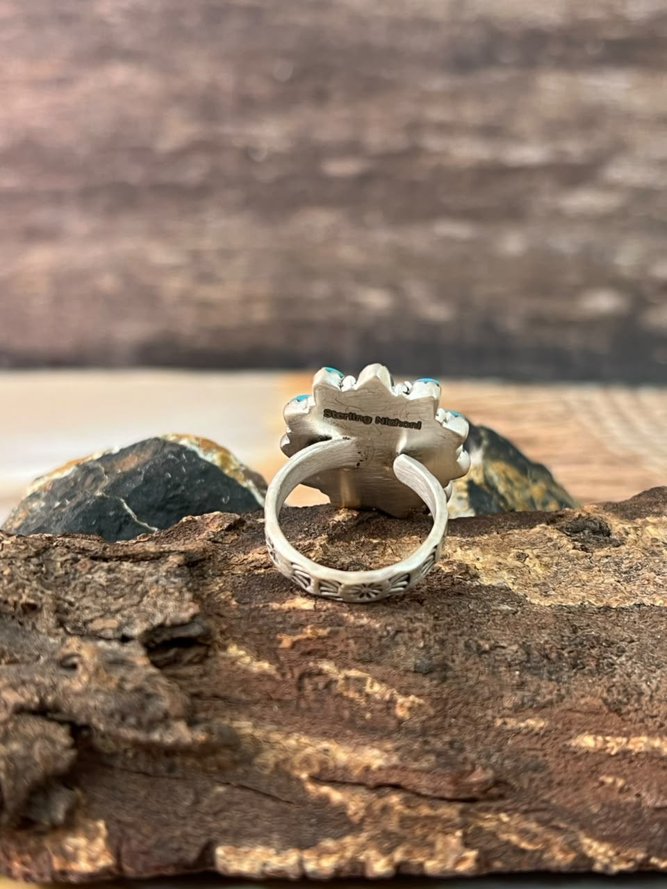 Handmade Sterling Silver Kingman Turquoise with Orange Mojave Adjustable Ring Signed Nizhoni