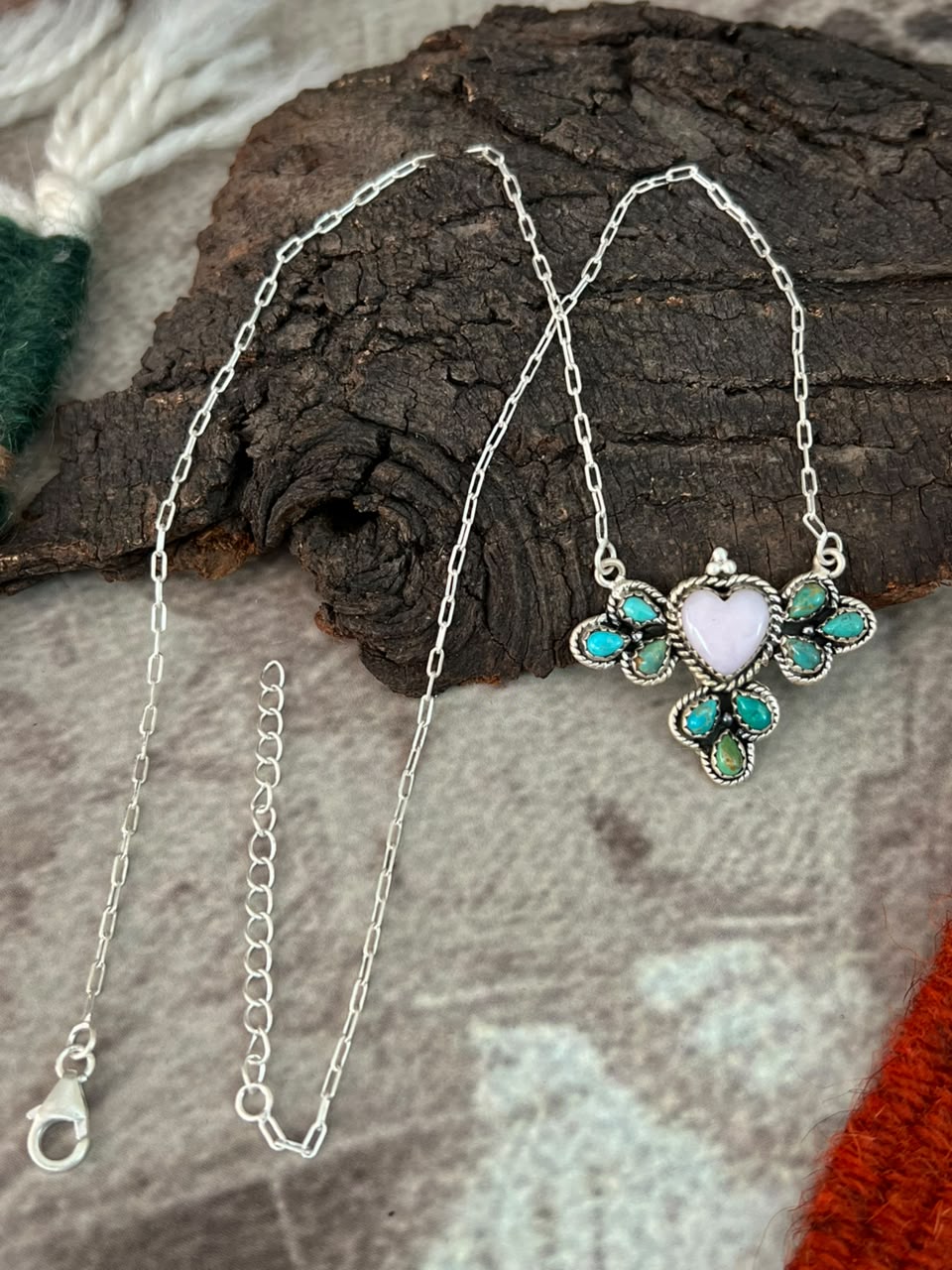 Handmade Sterling Silver Kingman Turquoise with Pink Opal Necklace Signed Nizhoni