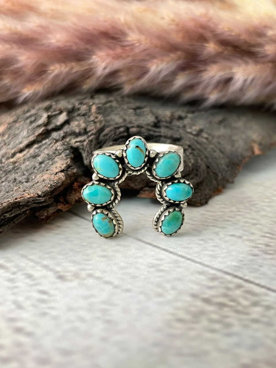 Handmade Sterling Silver Kingman Turquoise Naja Adjustable Ring Signed Nizhoni