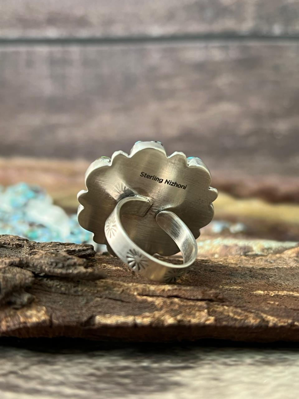 Handmade Sterling Silver 'Golden Hills Turquoise Cobble Collection' Adjustable Ring "Signed Nizhoni"