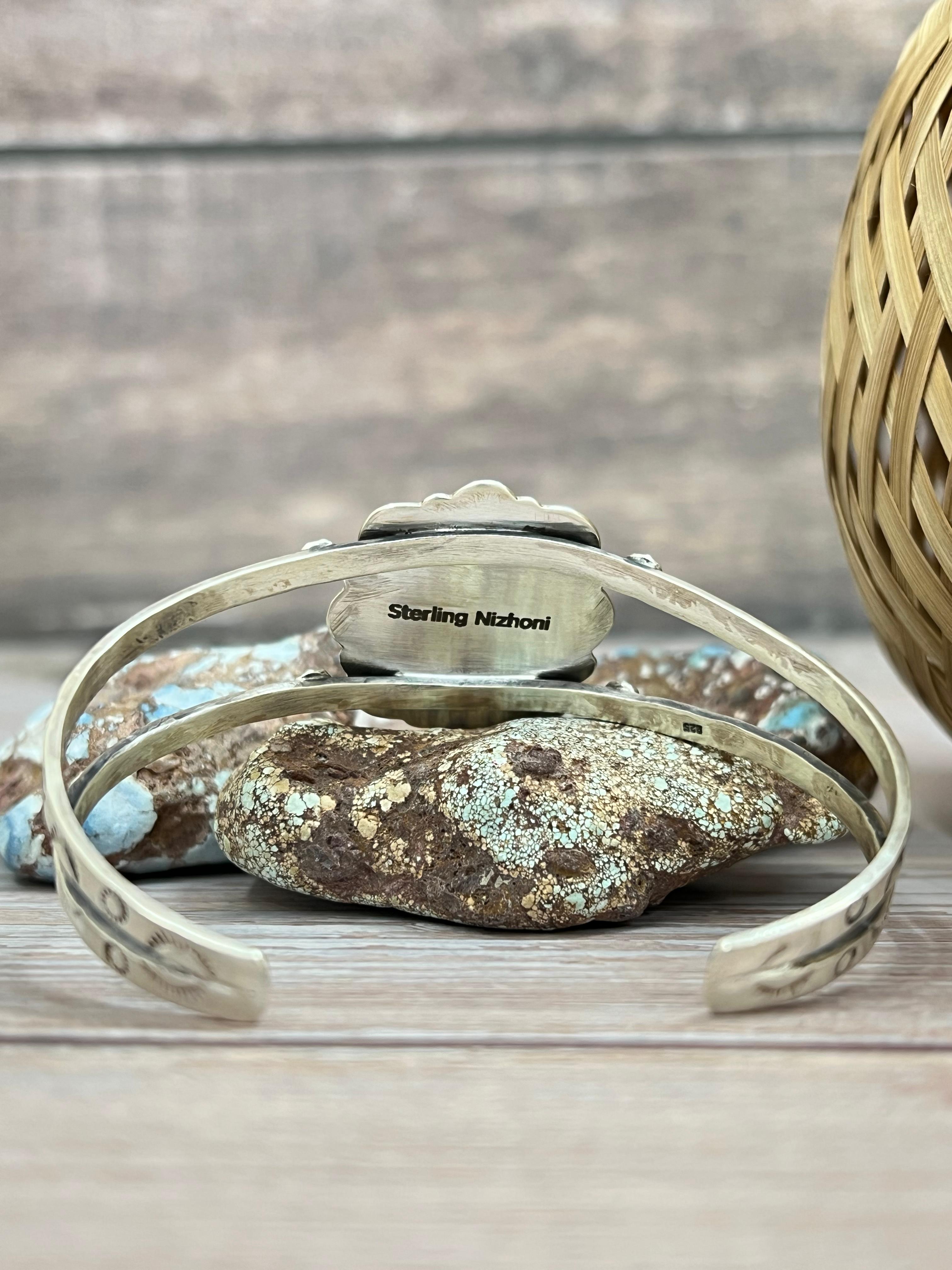 Handmade Sterling Silver Golden Hills Turquoise Cuff Bracelet with Signed Nizhoni