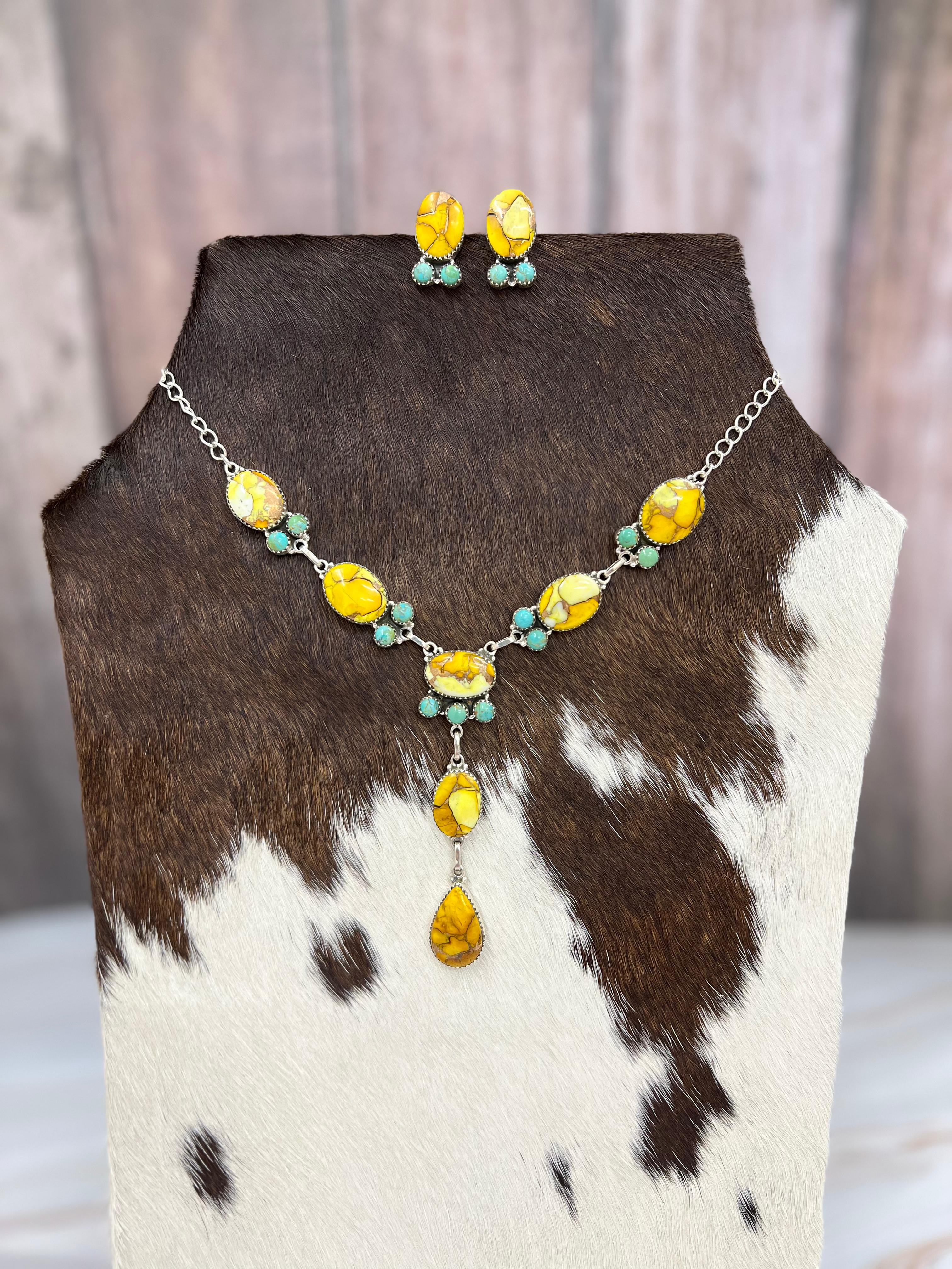 Handmade Sterling Silver Honey Dahlia with Kingman Turquoise Necklace Earrings Set, Signed Nizhoni