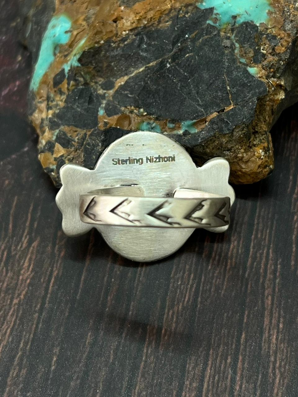 Handmade Sterling Silver Number 8 Turquoise Adjustable Ring "Singed Nizhoni"