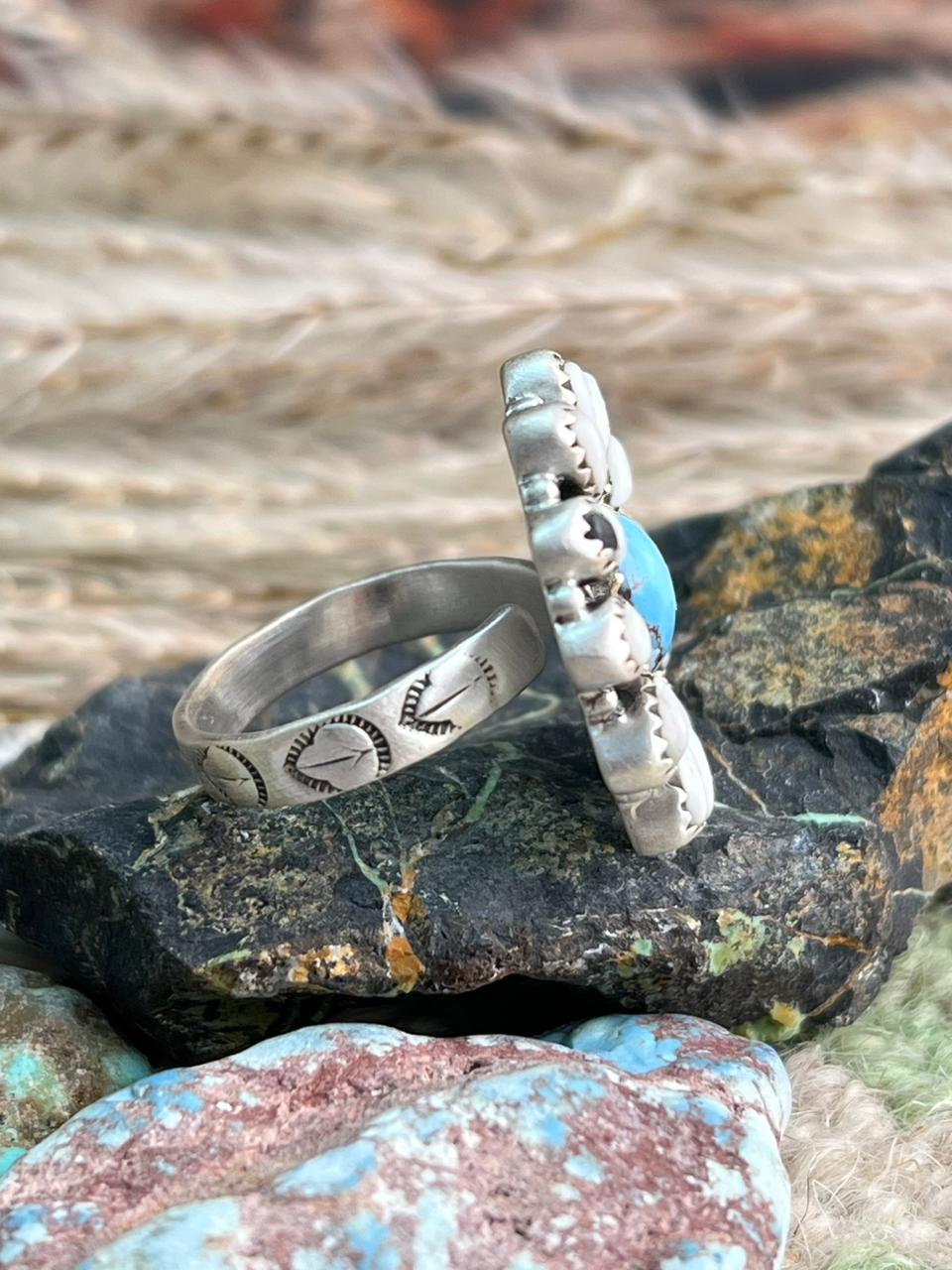 Handmade Sterling Silver White Buffalo with Golden Hills Turquoise Adjustable Ring "Signed Nizhoni"