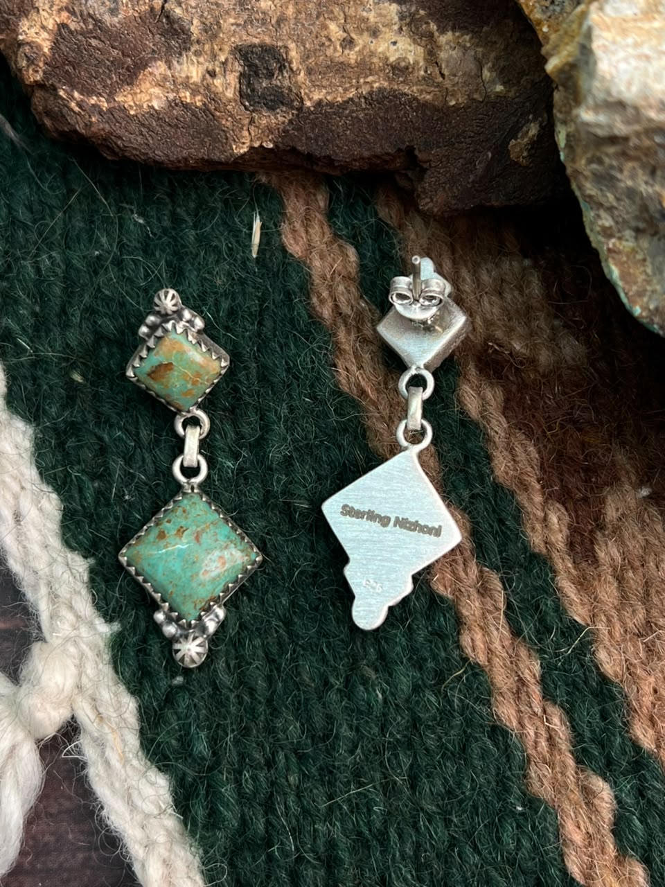 Handmade Sterling Silver Royston Turquoise Post Dangle Earrings Signed Nizhoni