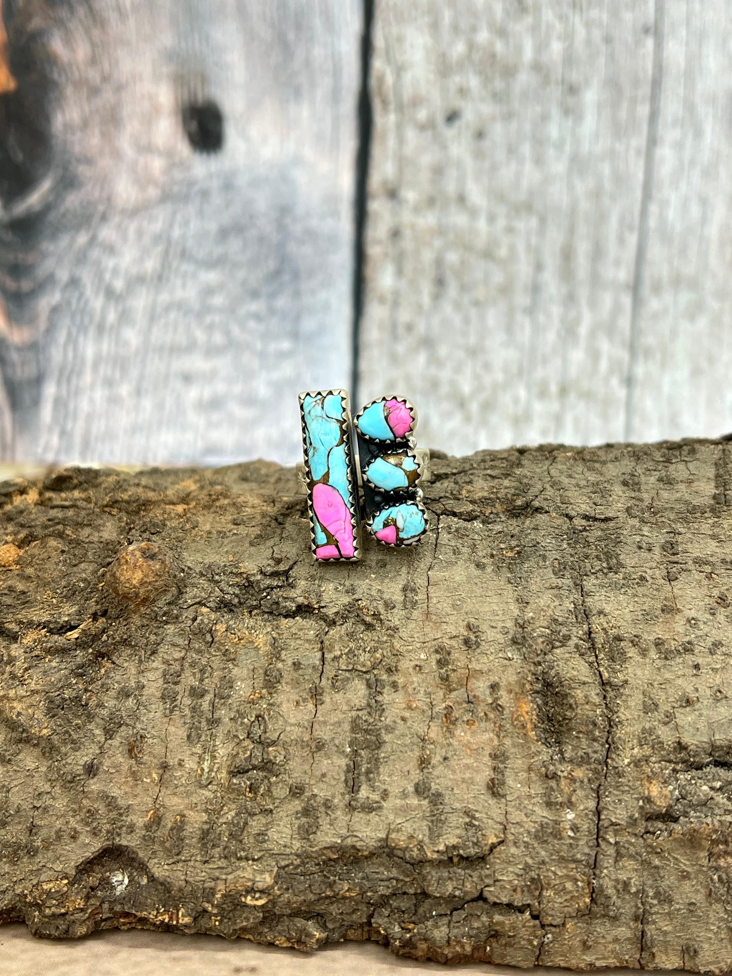 Handmade Sterling Silver Cotton Candy Turquoise Adjustable Rings with Signed Nizhoni
