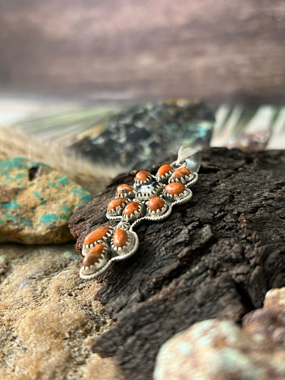 Handmade Sterling Silver Orange Mojave with White Buffalo Pendant "Signed Nizhoni"