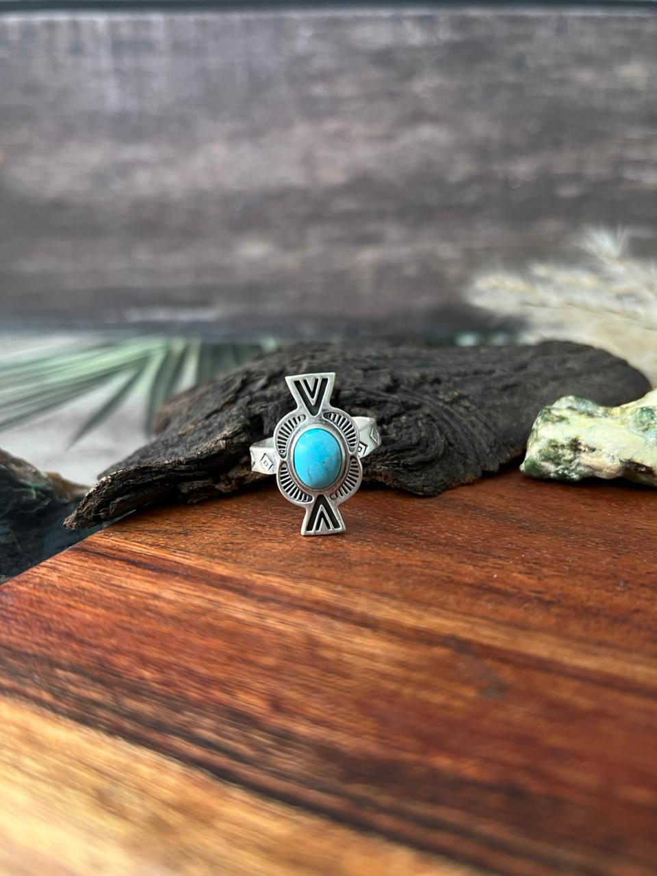 Handmade Sterling Silver Kingman Turquoise Adjustable Ring "Signed Nizhoni"