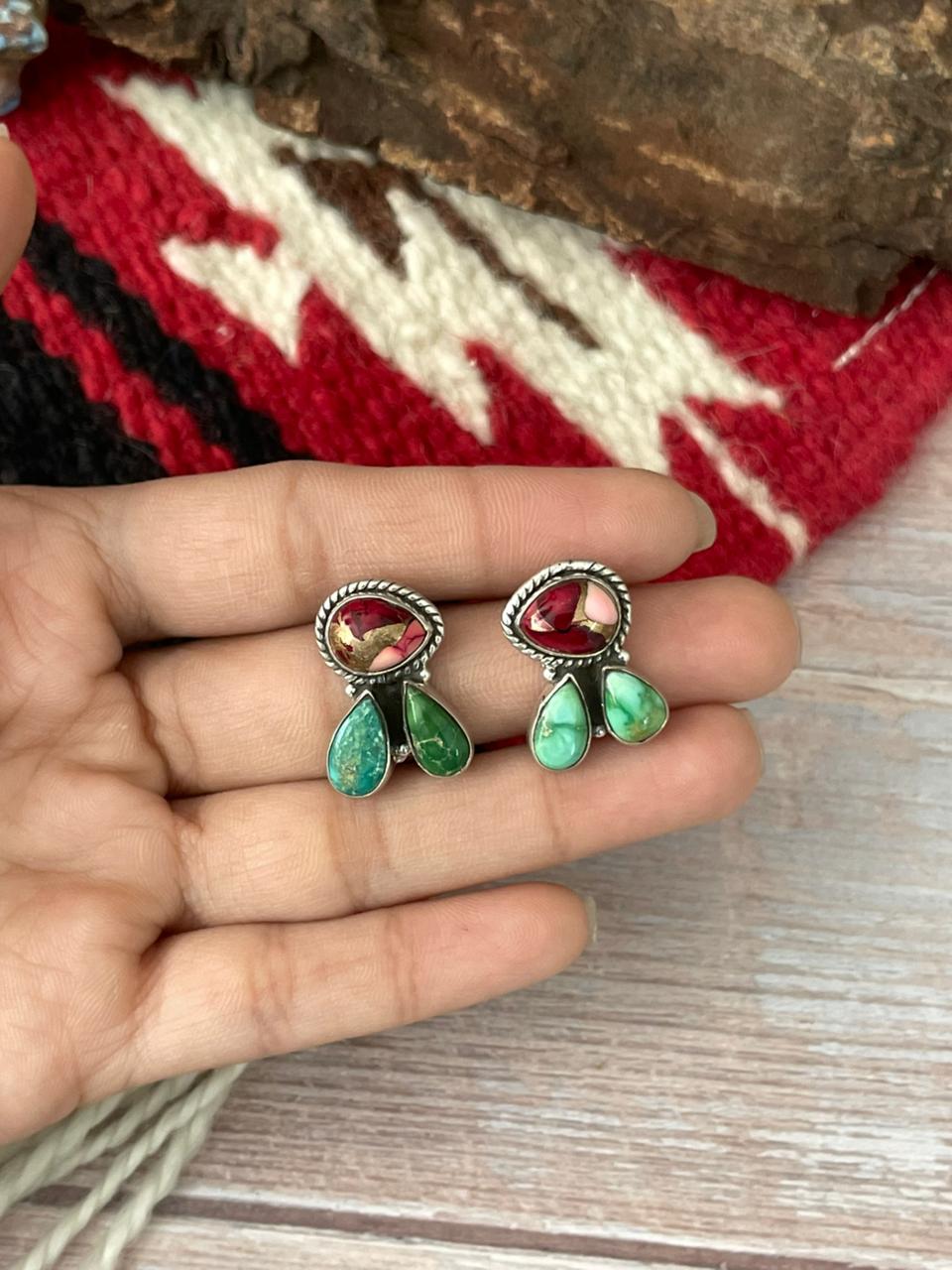 Handmade Sterling Silver Dahlia Rose with Emerald Valley Turquoise Post Earrings "Signed Nizhoni"