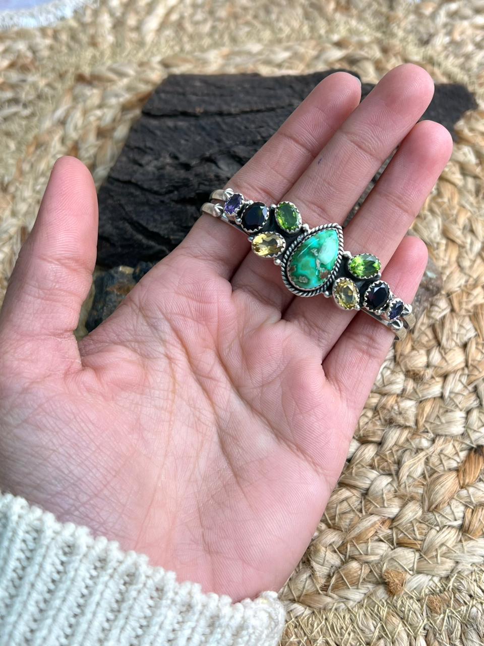 Handmade Sterling Silver Sonoran with Cut Stone Bracelet "Signed Nizhoni"