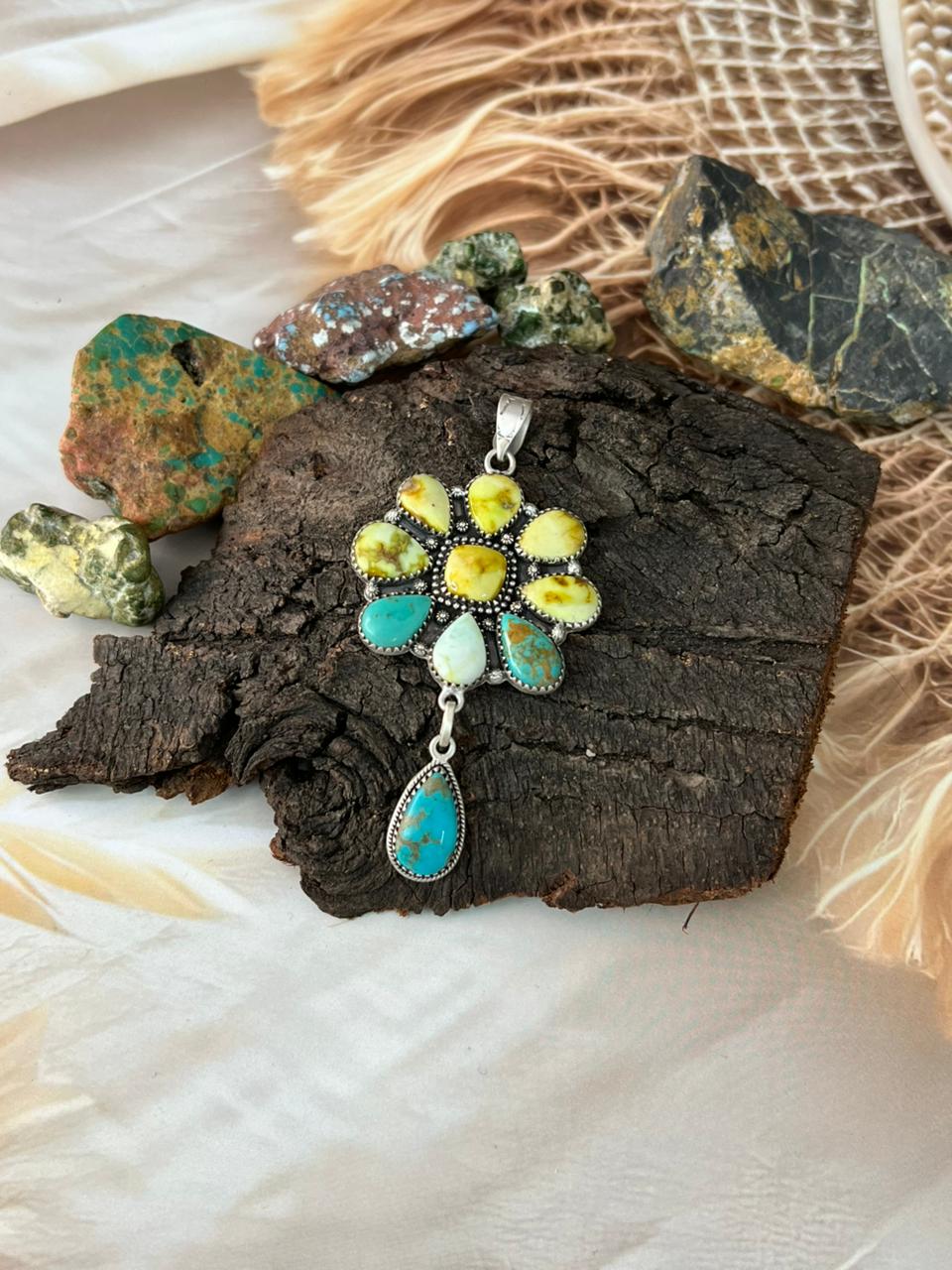 Handmade Sterling Silver Santa Maria Turquoise with Palomino Turquoise Pendant "Signed Nizhoni"
