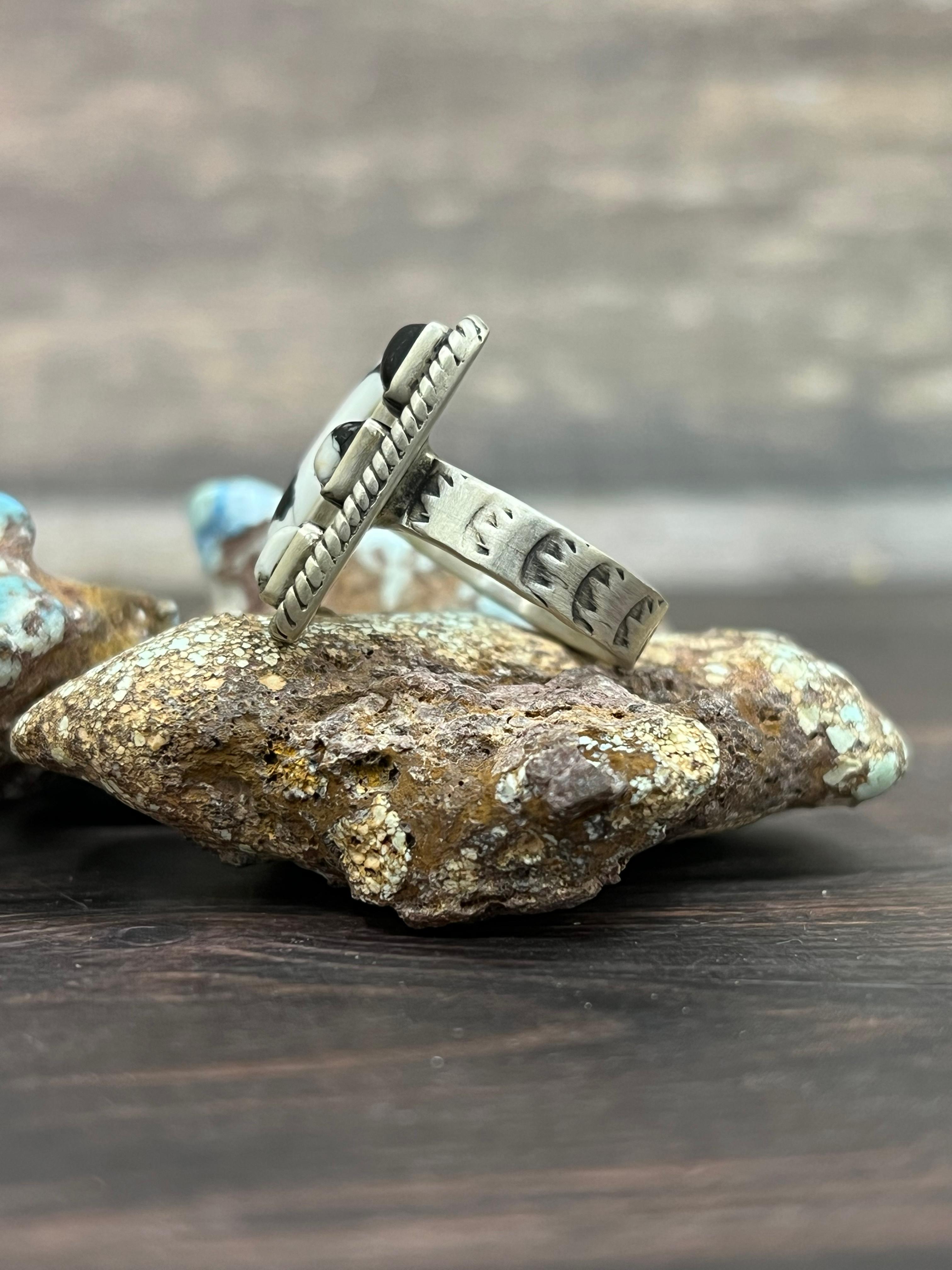 Handmade Sterling Silver White Buffalo Adjustable Ring With Signed Nizhoni