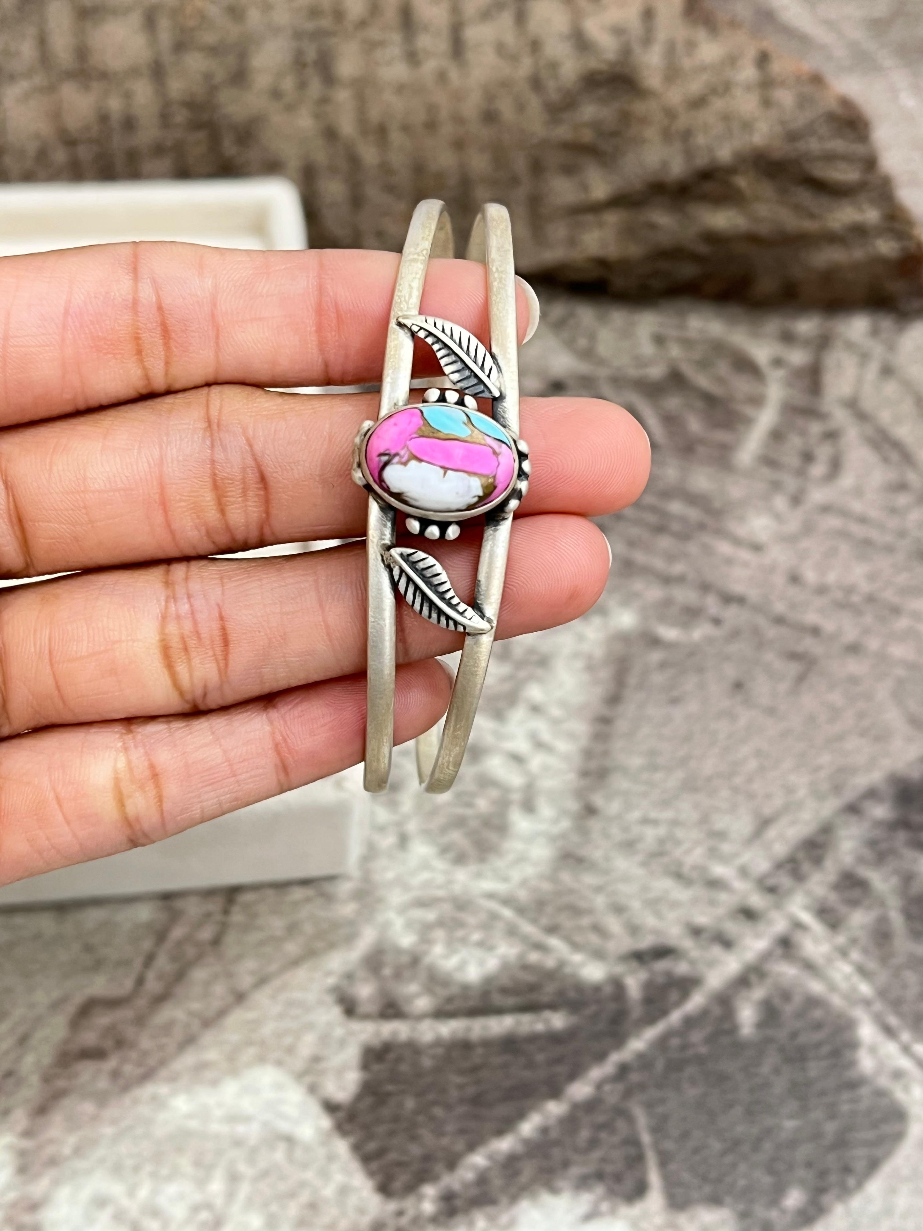 Handmade Sterling Silver Cotton Candy Turquoise Bracelet with Signed Nizhoni