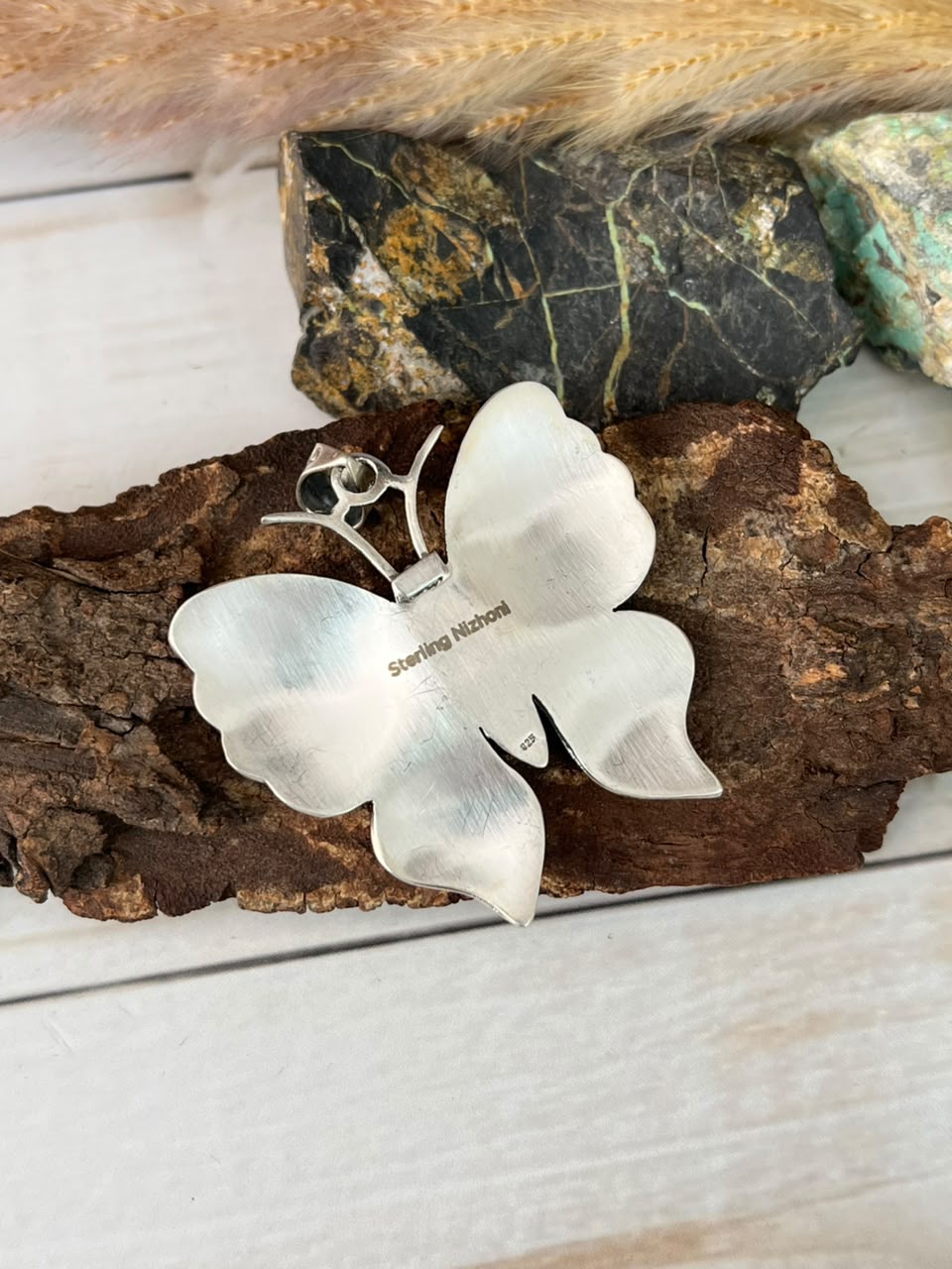 Handmade Sterling Silver Kingman Turquoise Butterfly Pendant Signed Nizhoni