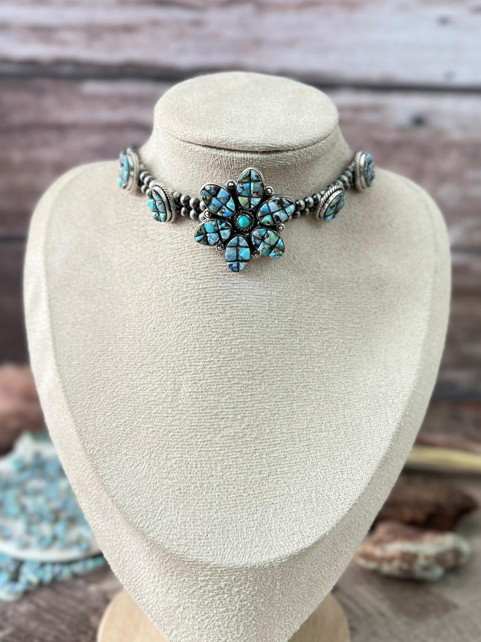 Handmade Sterling Silver 'Golden Hills Turquoise Cobble Collection' Beaded Necklace "Signed Nizhoni"