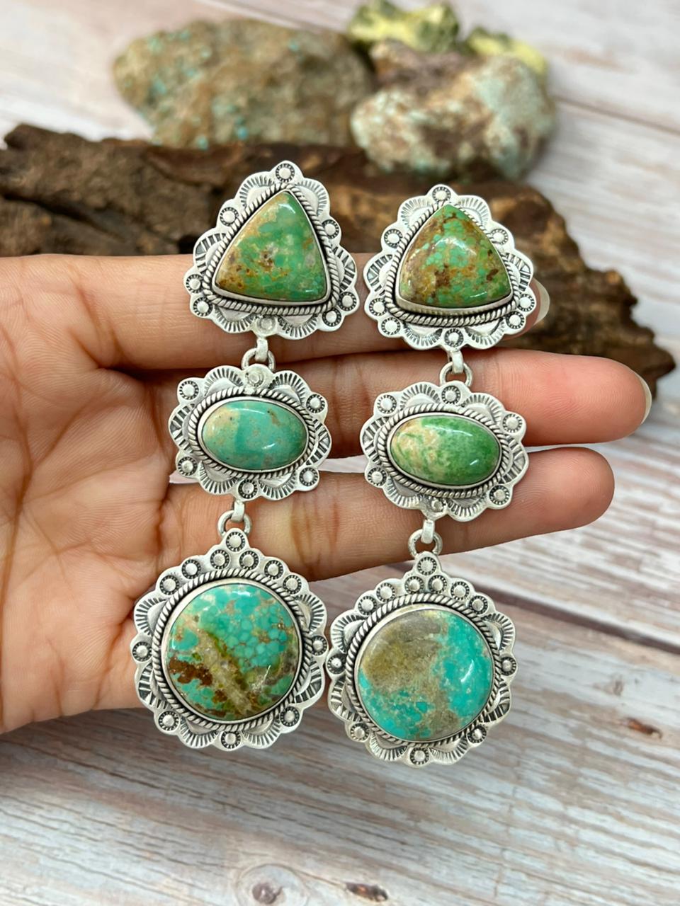 Handmade Sterling Silver Mantis Turquoise Post Dangle Earrings with Signed Nizhoni