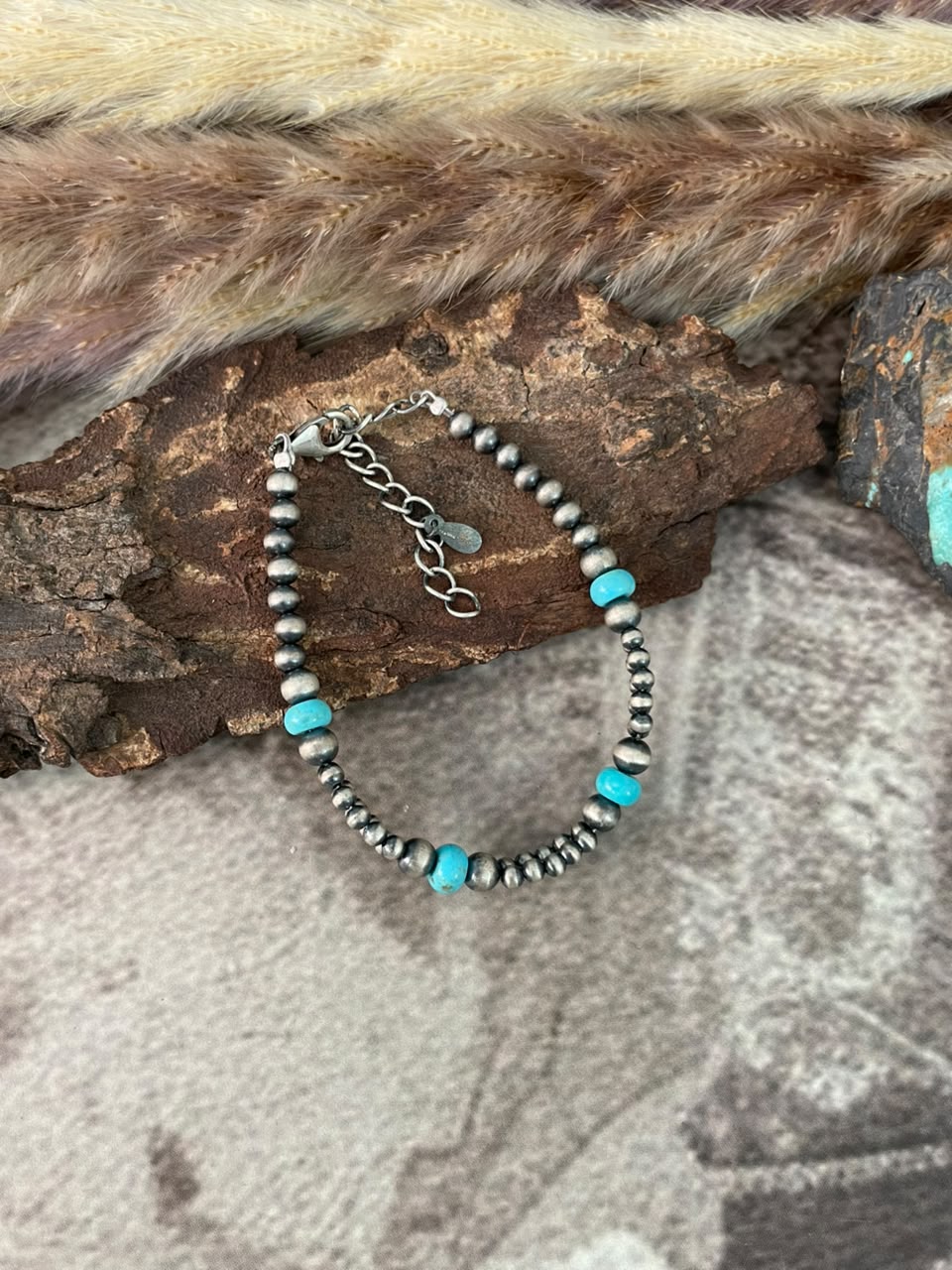 Handmade Sterling Silver Kingman Turquoise Beaded Chain Bracelet Signed Nizhoni