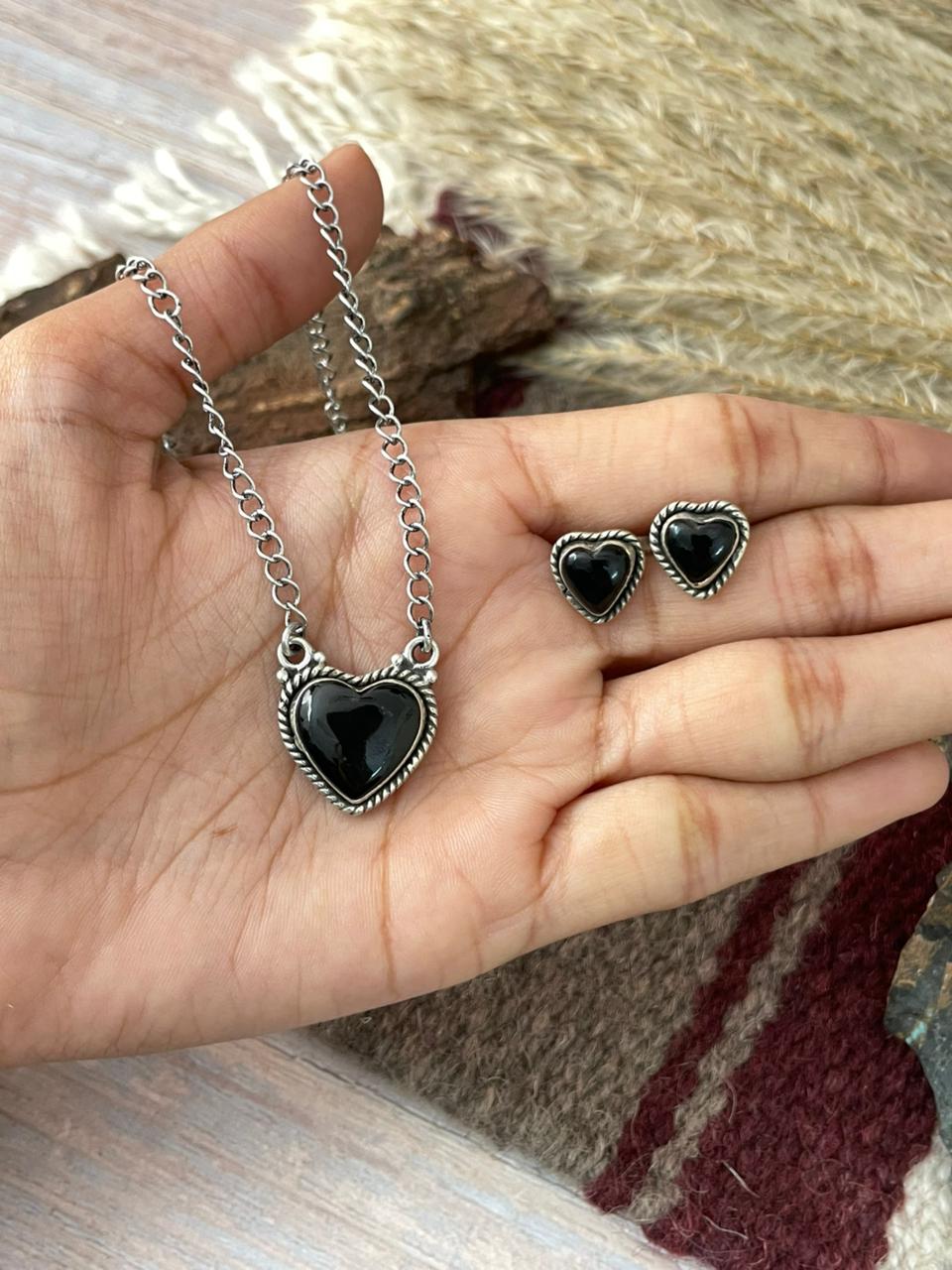 Handmade Sterling Silver Black Onyx Heart Necklace Earrings Set "Signed Nizhoni"