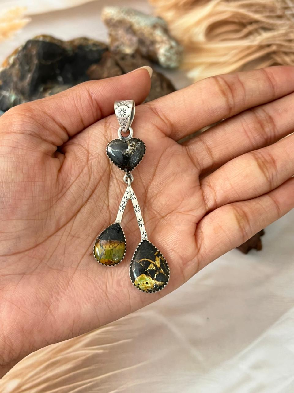 Handmade Sterling Silver Blackjack Turquoise Pendant "Signed Nizhoni"