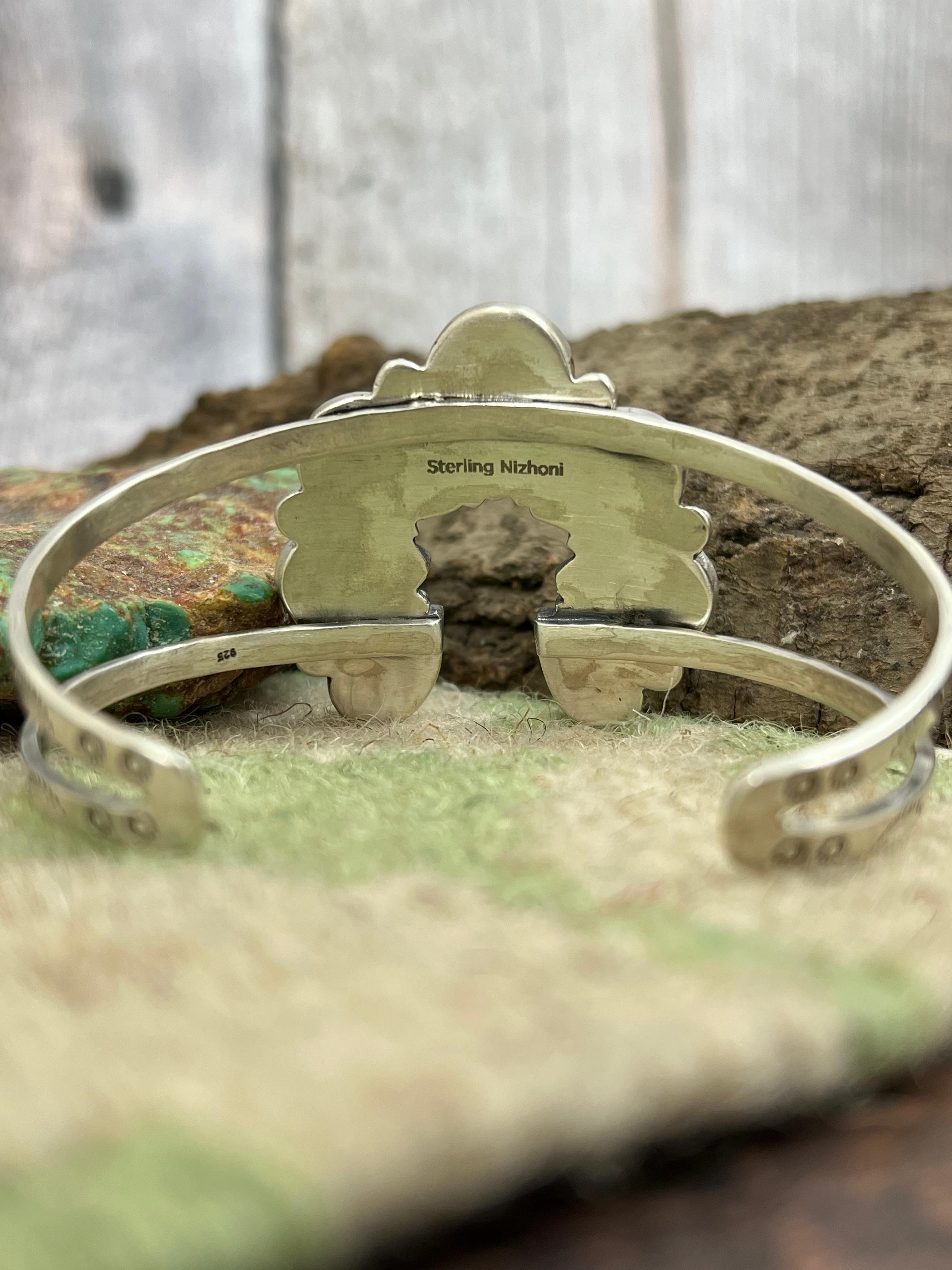 Handmade Sterling Silver Peacock Dahlia Cuff Bracelet with Signed Nizhoni