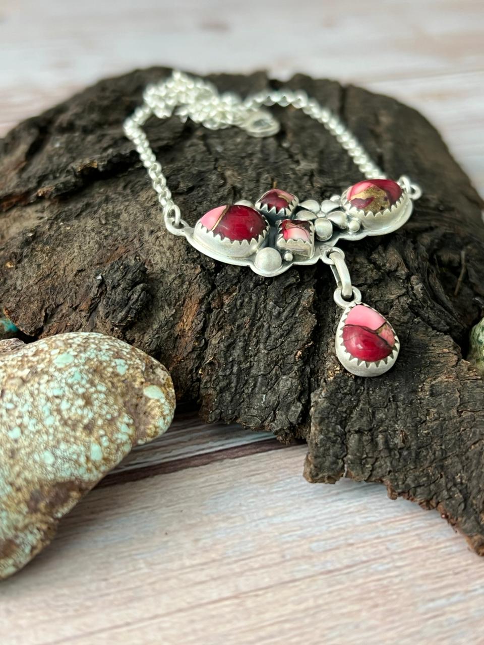 Handmade Sterling Silver Dahlia Rose Necklace with Signed Nizhoni