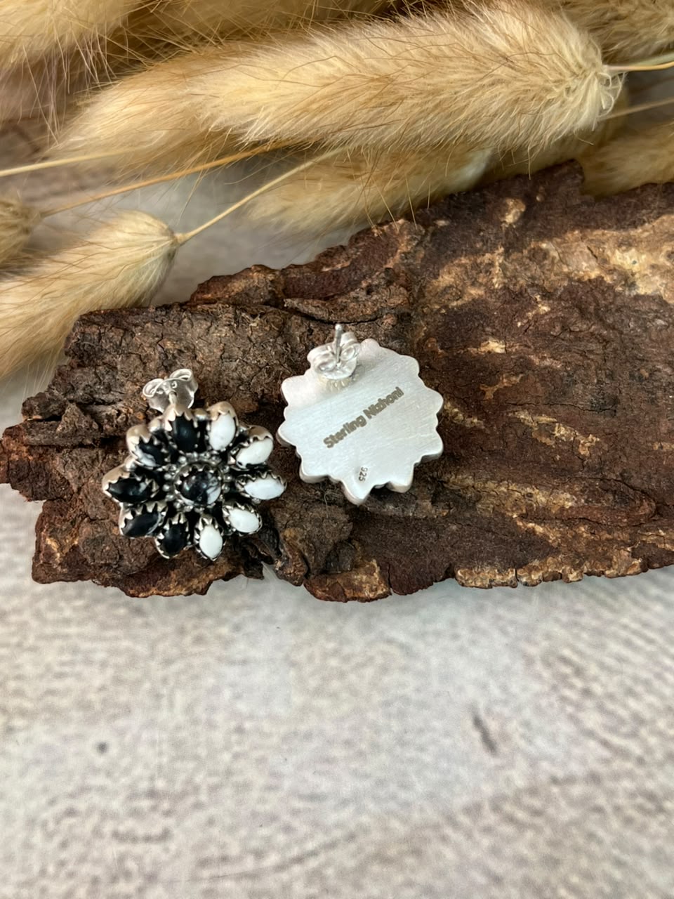 Handmade Sterling Silver White Buffalo Post Studs Earrings Signed Nizhoni