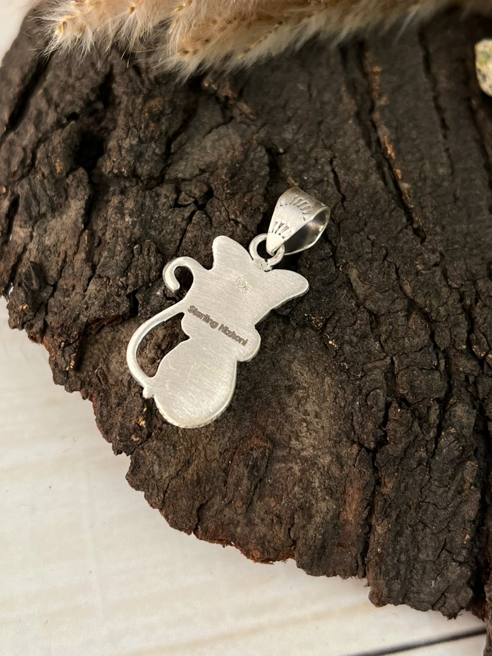 Handmade Sterling Silver Kingman Turquoise Cat Pendant Signed Nizhoni
