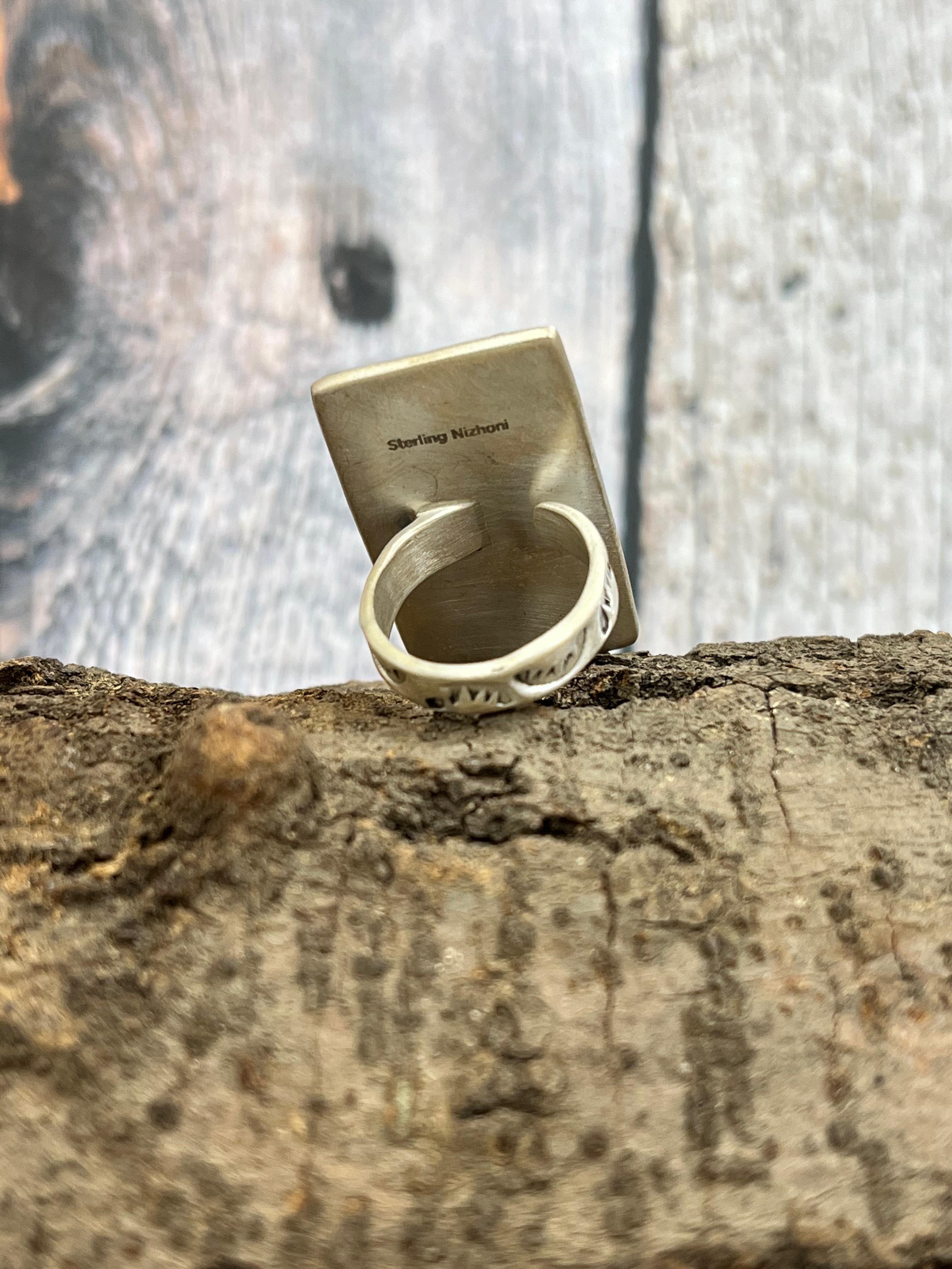 Handmade Sterling Silver Cotton Candy Turquoise Adjustable Ring with Signed Nizhoni