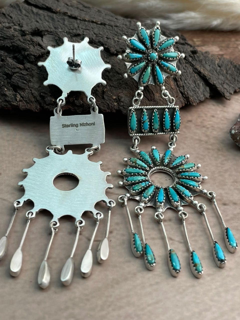 Handmade Sterling Silver Kingman Turquoise Post Dangle Earrings Signed Nizhoni
