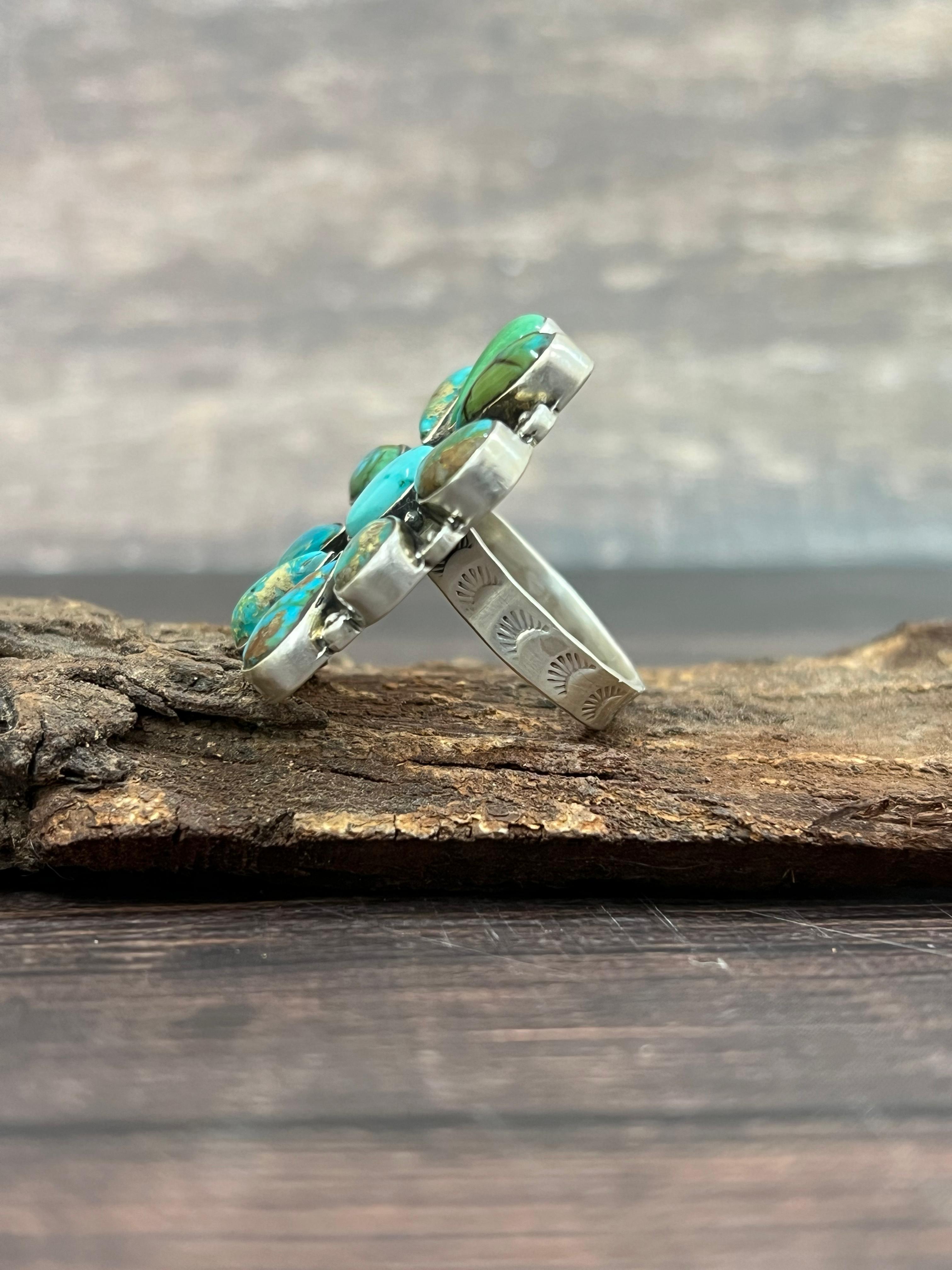 Handmade Sterling Silver South Hill Turquoise Adjustable Ring with Signed Nizhoni