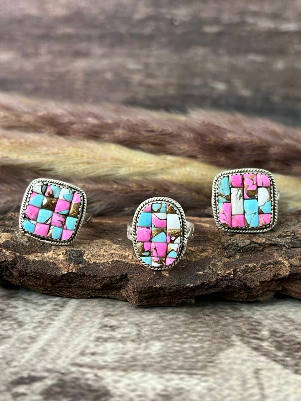 Handmade Sterling Silver 'Cotton Candy Cobble Collection' Adjustable Ring "Signed Nizhoni"