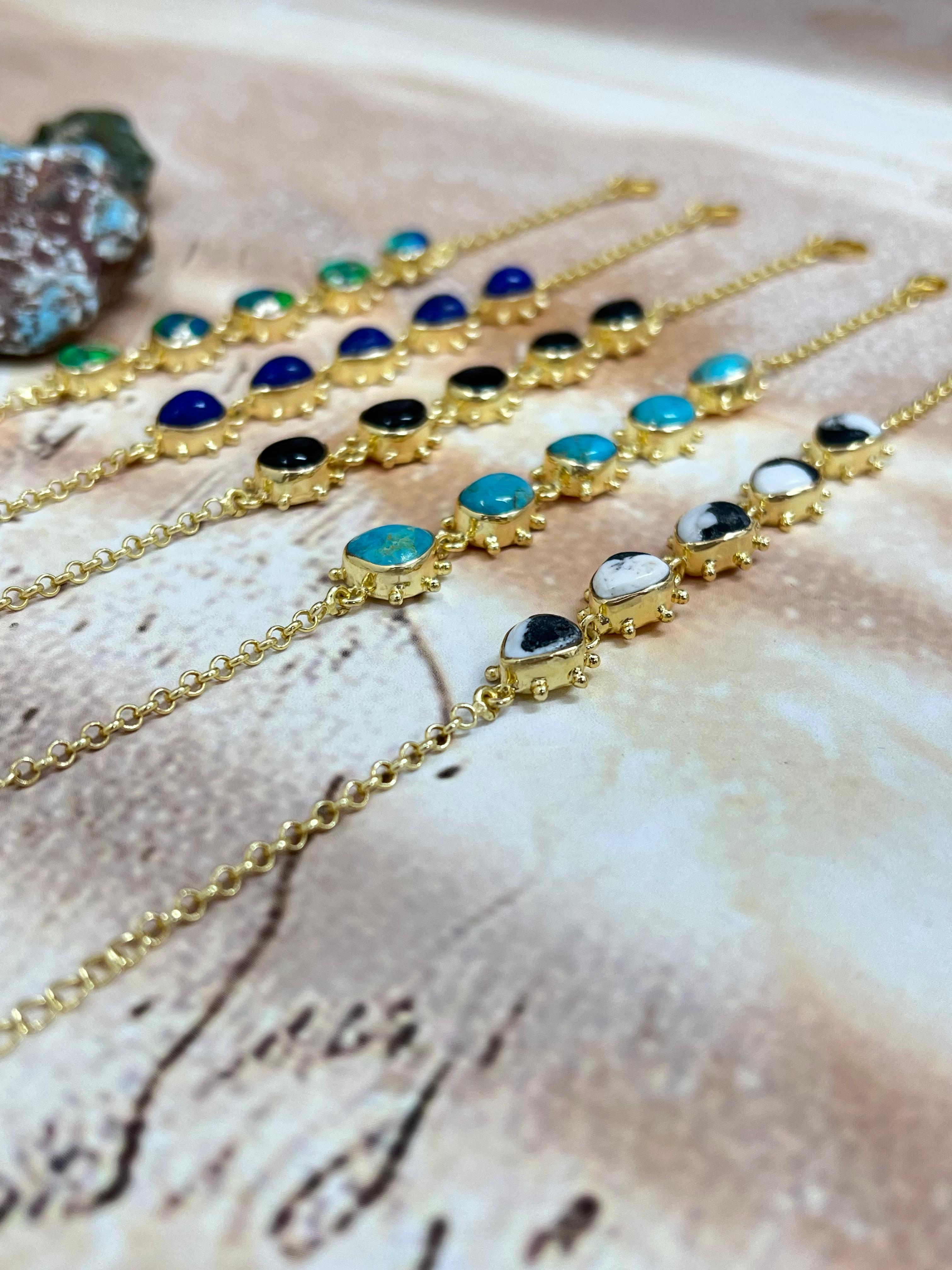 “The Golden Collection” Handmade Natural Gold Plated Peacock Dahlia, Kingman, Black Onyx, Lapis, White Buffalo Turquoise Bracelet