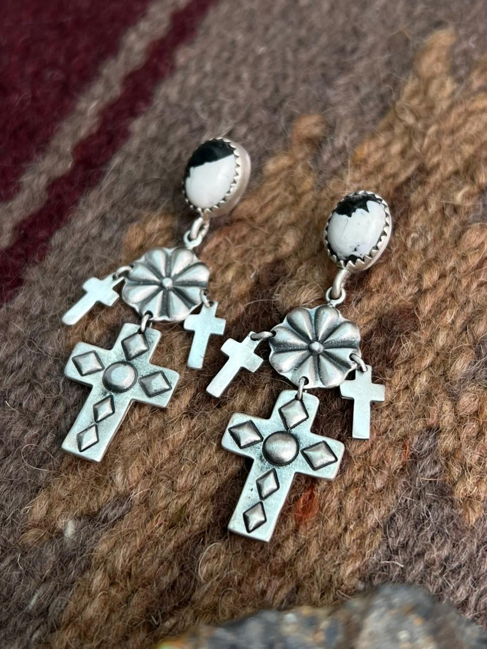 Handmade Sterling Silver White Buffalo Post Earrings "Signed Nizhoni"