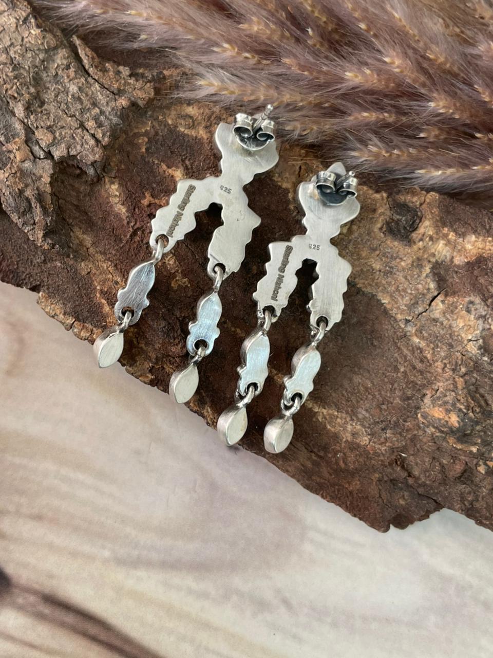 Handmade Sterling Silver White Buffalo Post Dangle Earrings Signed Nizhoni