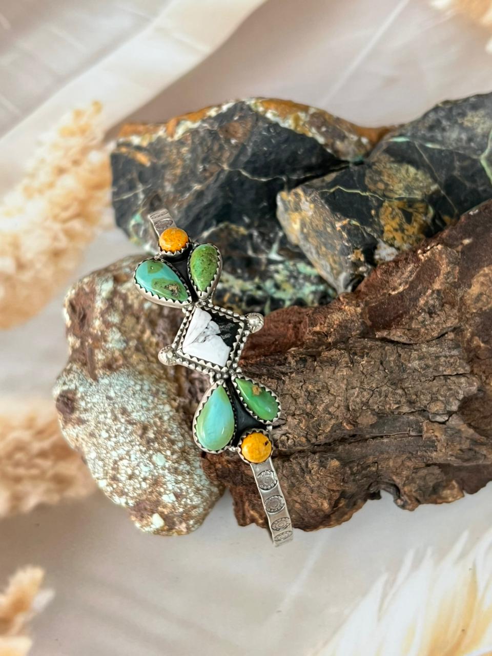 Handmade Sterling Silver Spring Collection: Bumblebee with Sonoran and White Buffalo Bracelet "Signed Nizhoni"