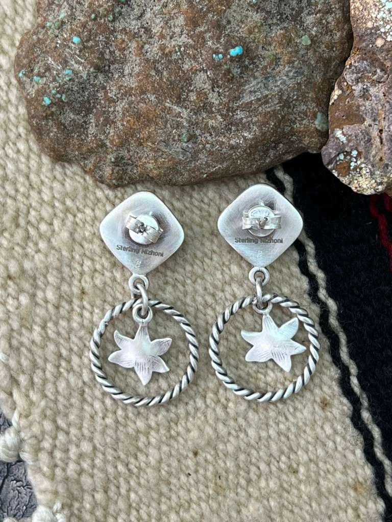 Handmade Sterling Silver White Buffalo Post Dangle Earrings "Signed Nizhoni"