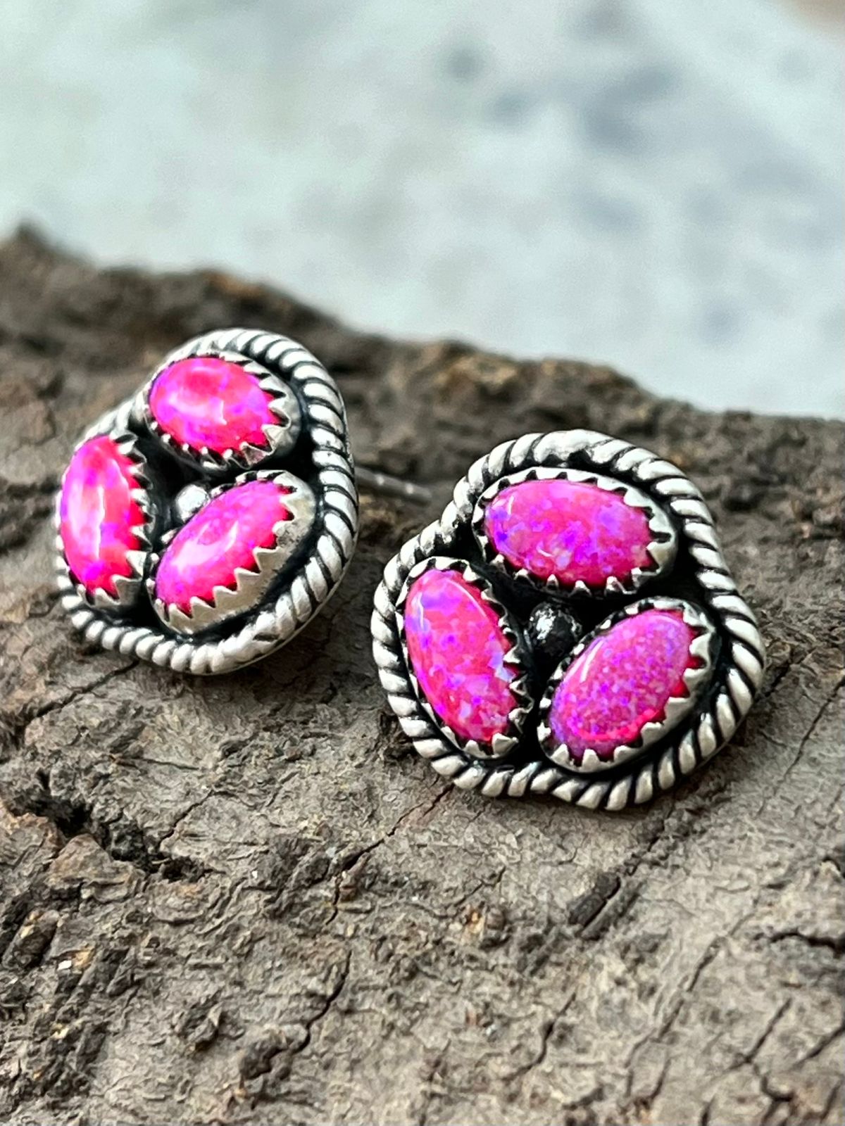 Handmade Sterling Silver Hot Pink Post Studs Earrings "Signed Nizhoni"